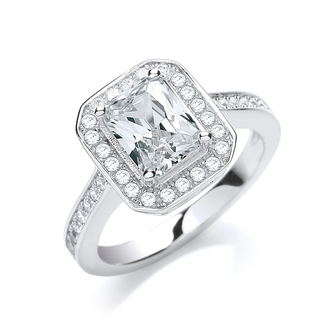 Micro Pave' Emerald Shape Cubic Zirconia & Shoulder Ring - Silver - Image 2
