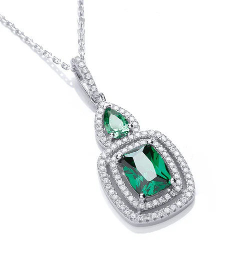 Micro Pave' Fancy Pendant Green Cubic Zirconia with 18" Chain - Silver - Image 2