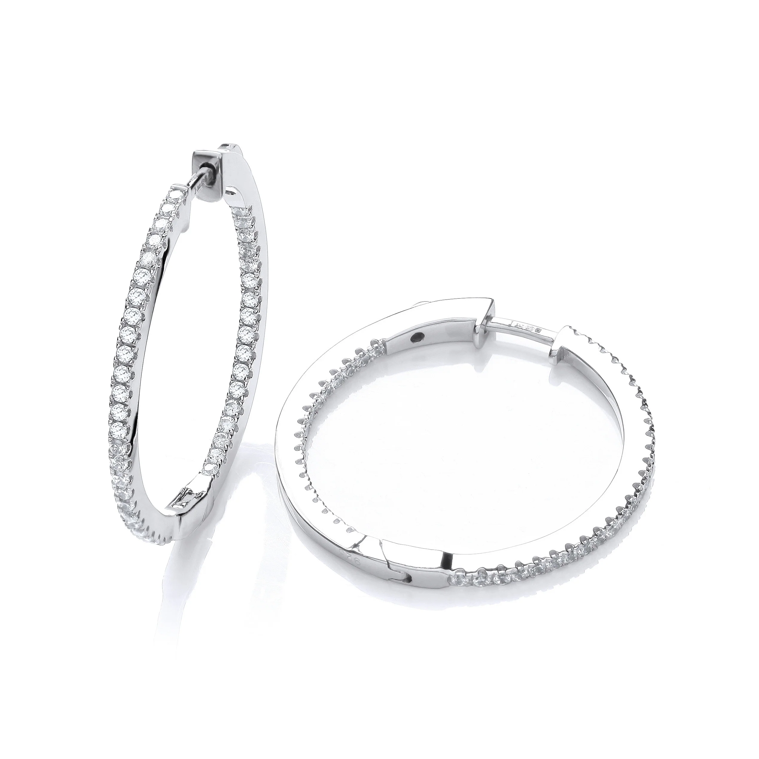 Micro Pave' Round Hoop Cubic Zirconia Earrings - Silver - Image 2