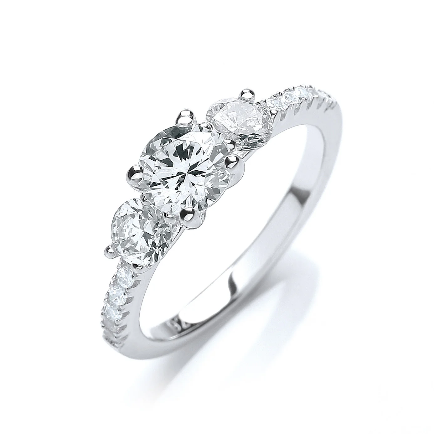 Micro Pave' Trilogy Ring & Cubic Zirconia on Shoulder - Silver - Image 2
