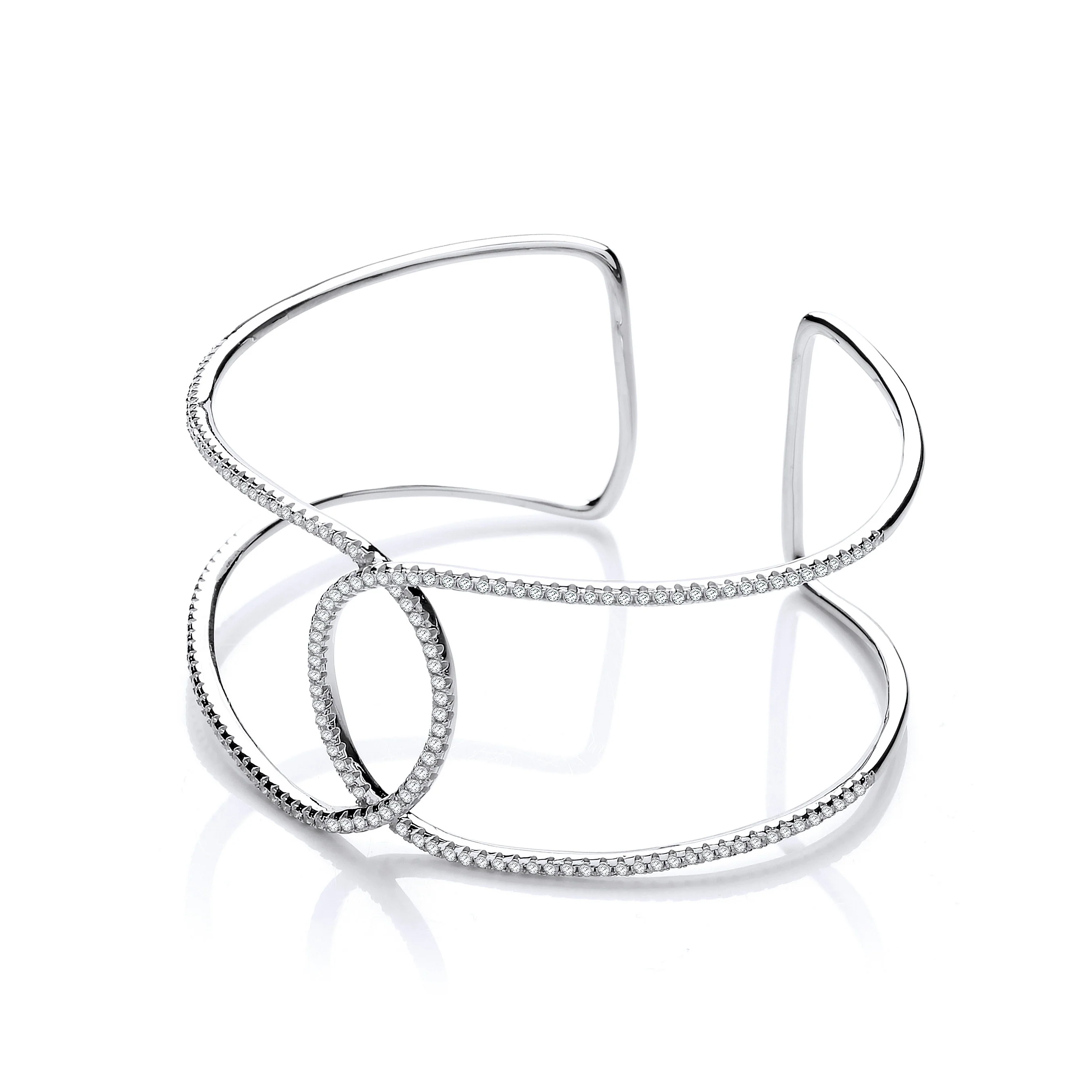 Micro Pave' Two Row Cubic Zirconia Interlocking Cuff Silver Bangle - Silver - Image 2