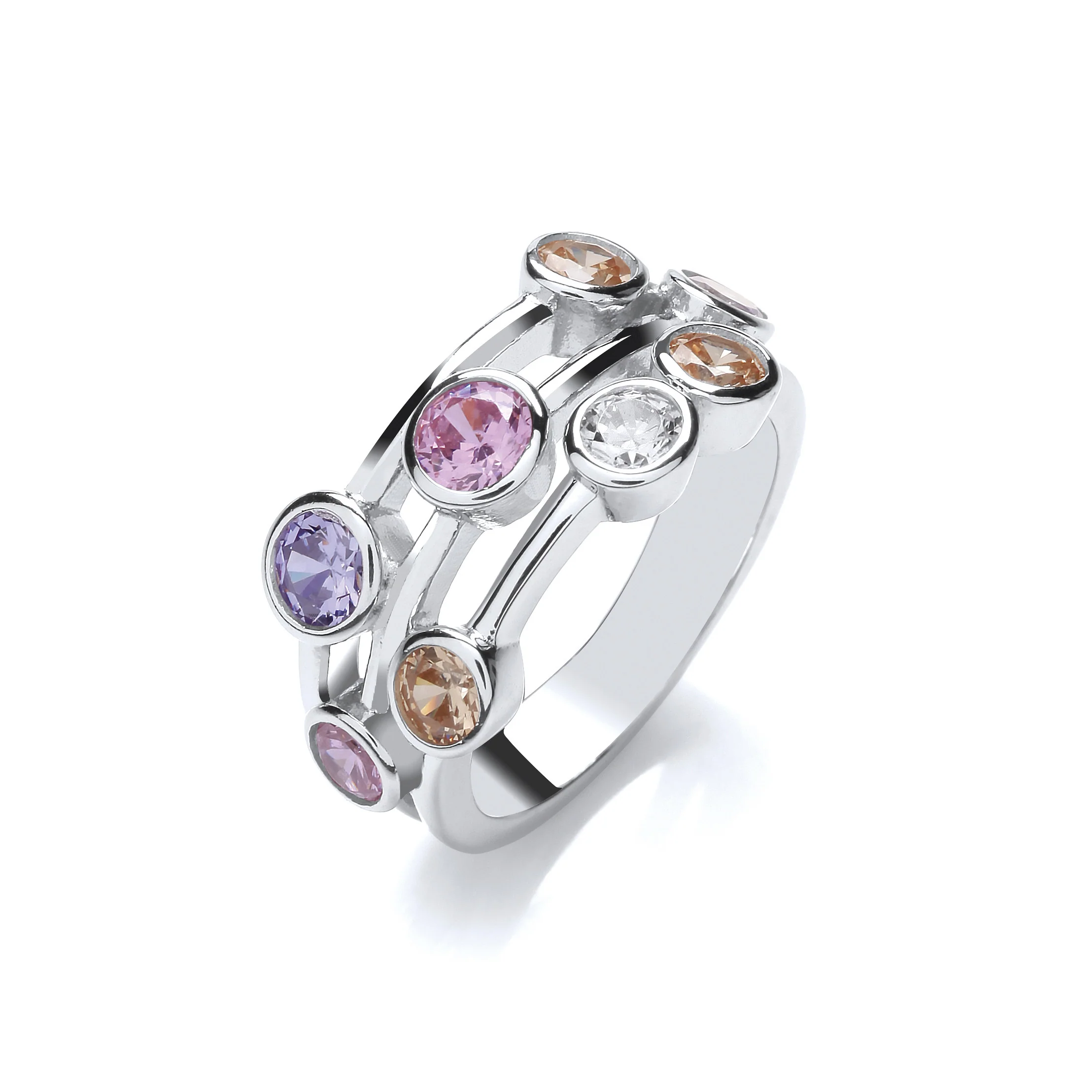 Multi Colour Rubover set Cubic Zirconias Ring - Silver - Image 2