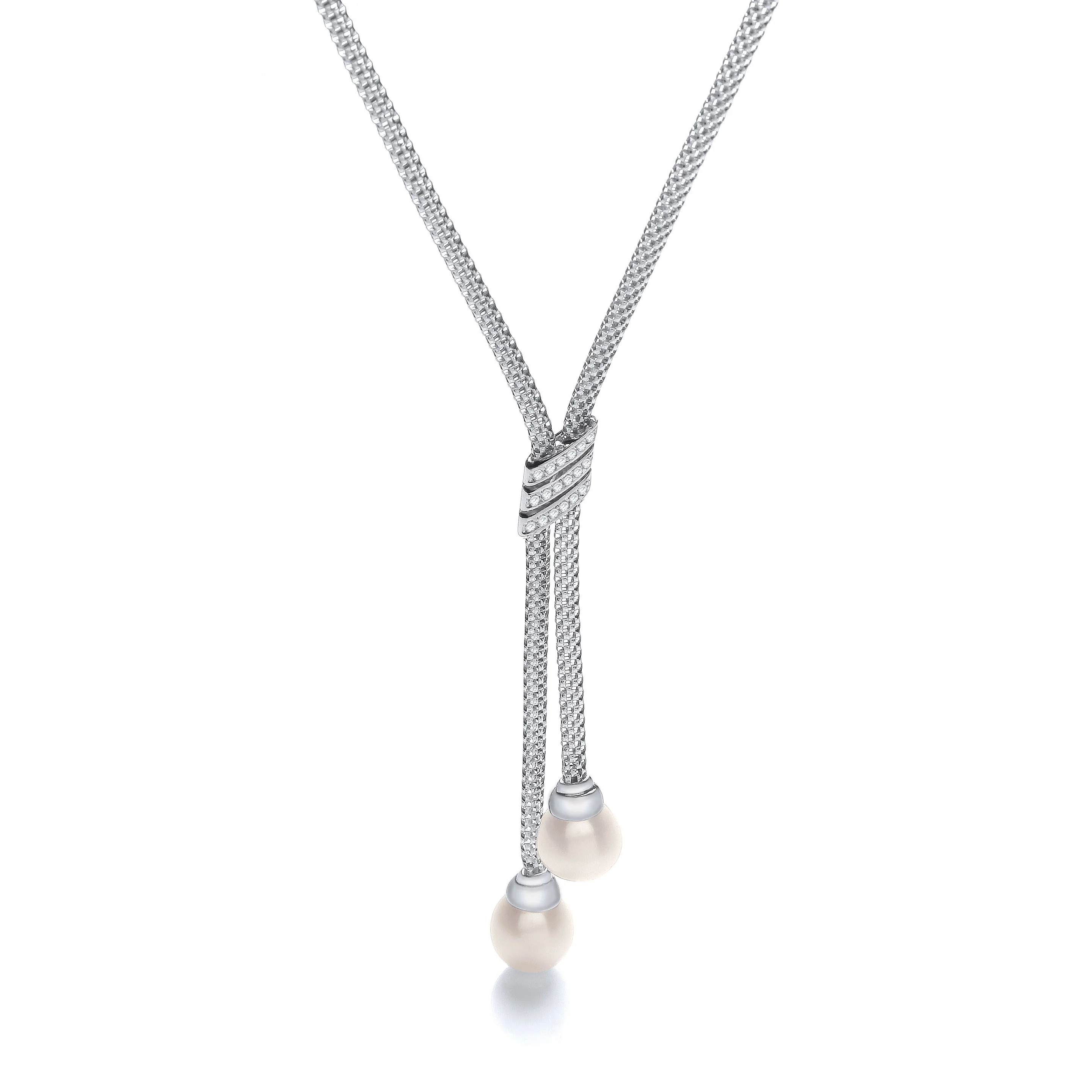Necklace with 3 Stripes Cubic Zirconia's and 2 Fresh Water Pearls - Silver - Image 3