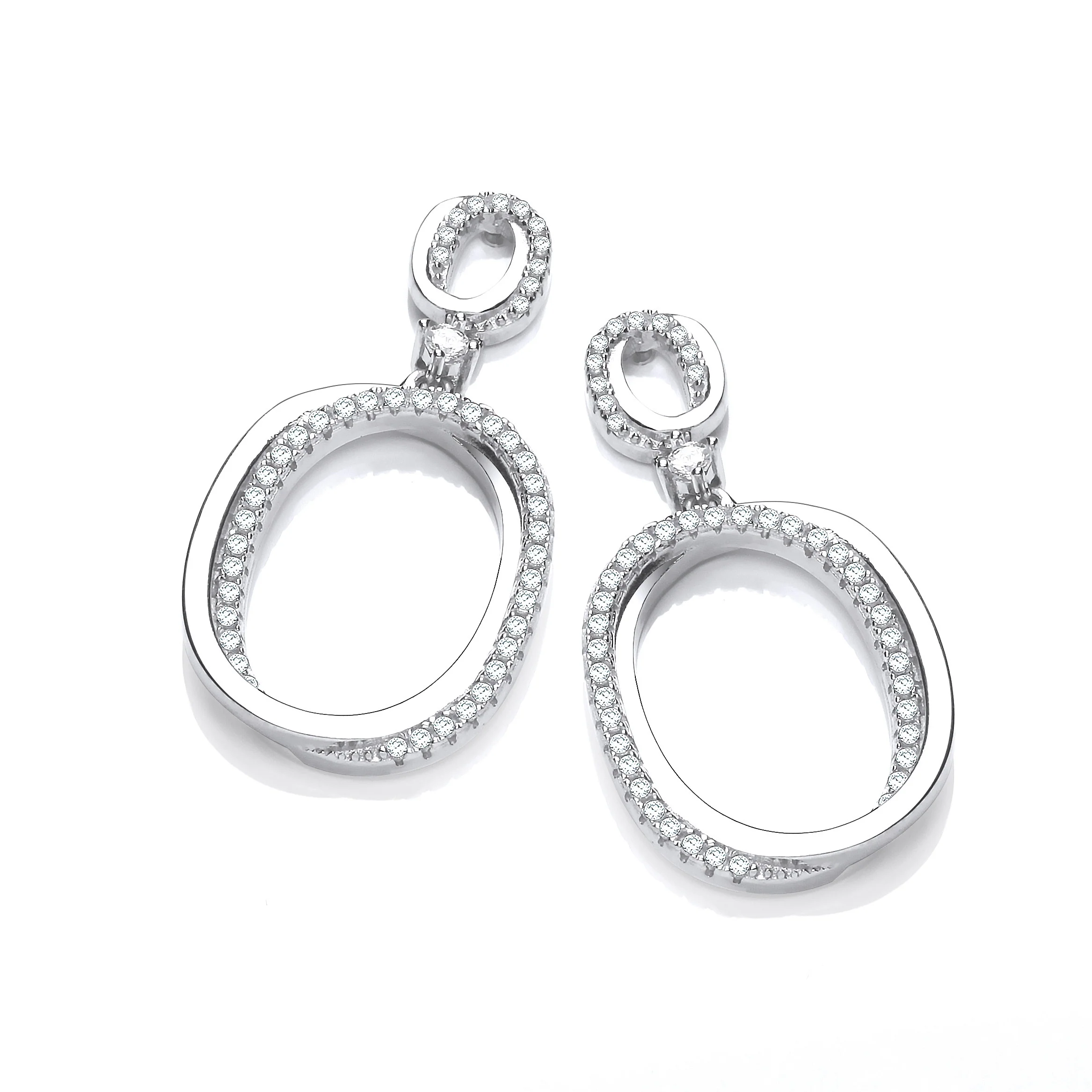 Oval Plain & Cubic Zirconias Drop Earrings - Silver - Image 2