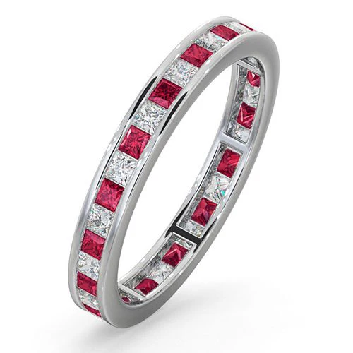 Platinum Channel Set Princess Cut Full Eternity Ring Natural Diamond 0.50ct Ruby 0.60ct G VS