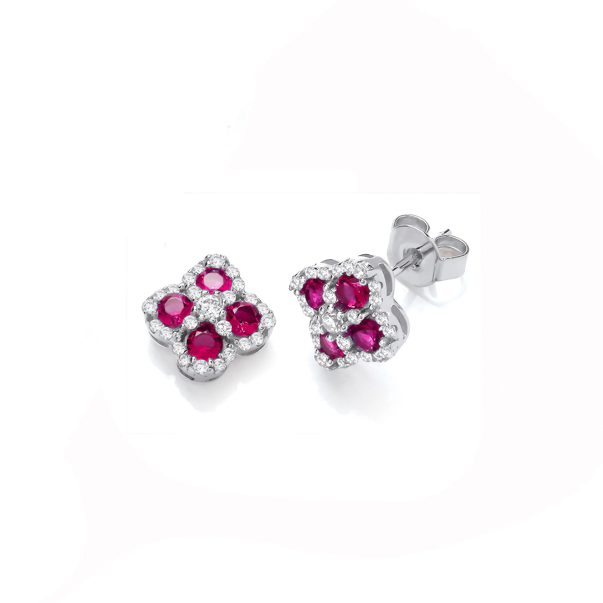 Red Four Leaf Clover Cubic Zirconia Stud Earrings - Silver - Image 2