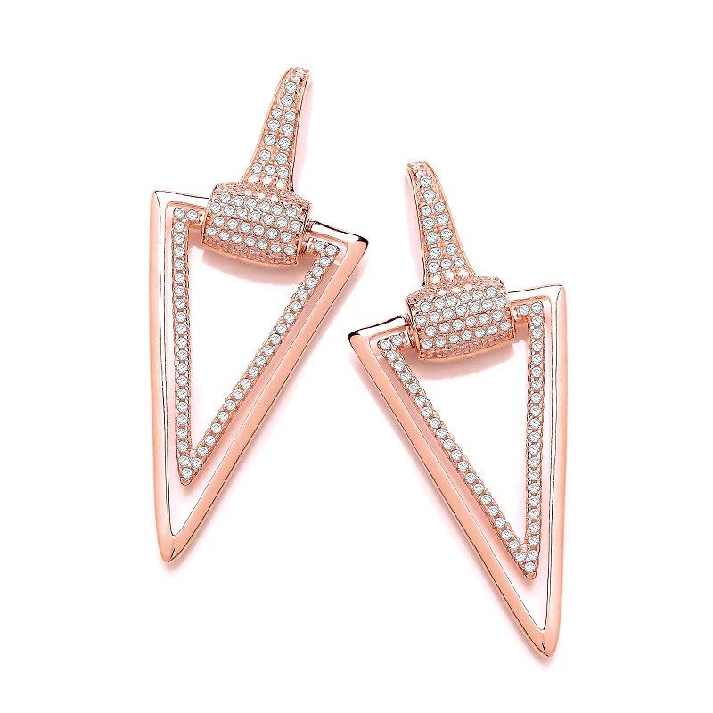 Rose Gold Coated Silver Triangle Drop Cubic Zirconia Earrings - Silver