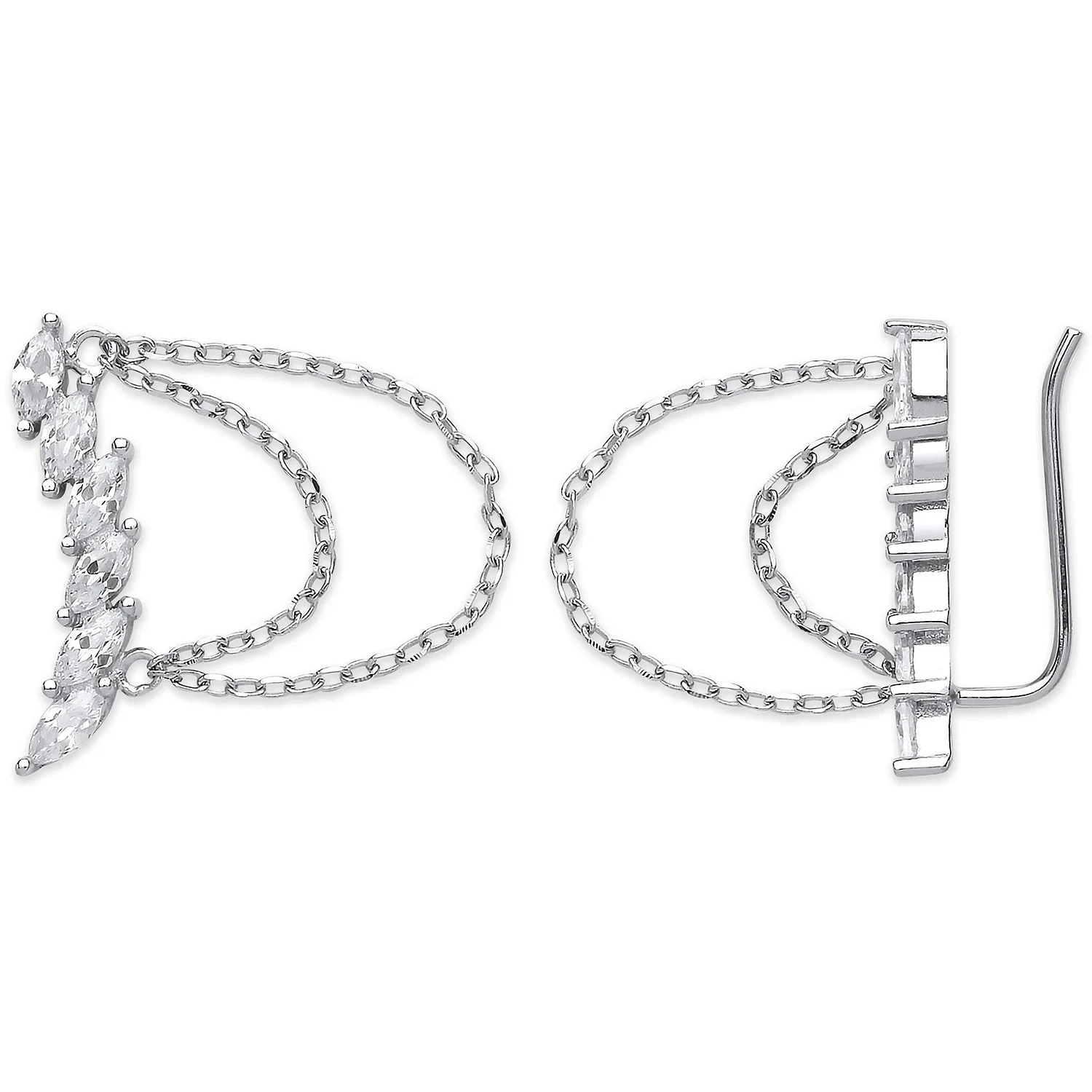 Silver Arc-shaped Ear Hook Marquee Cubic Zirconia with Chain Ear Clip Earrings - Silver - Image 2