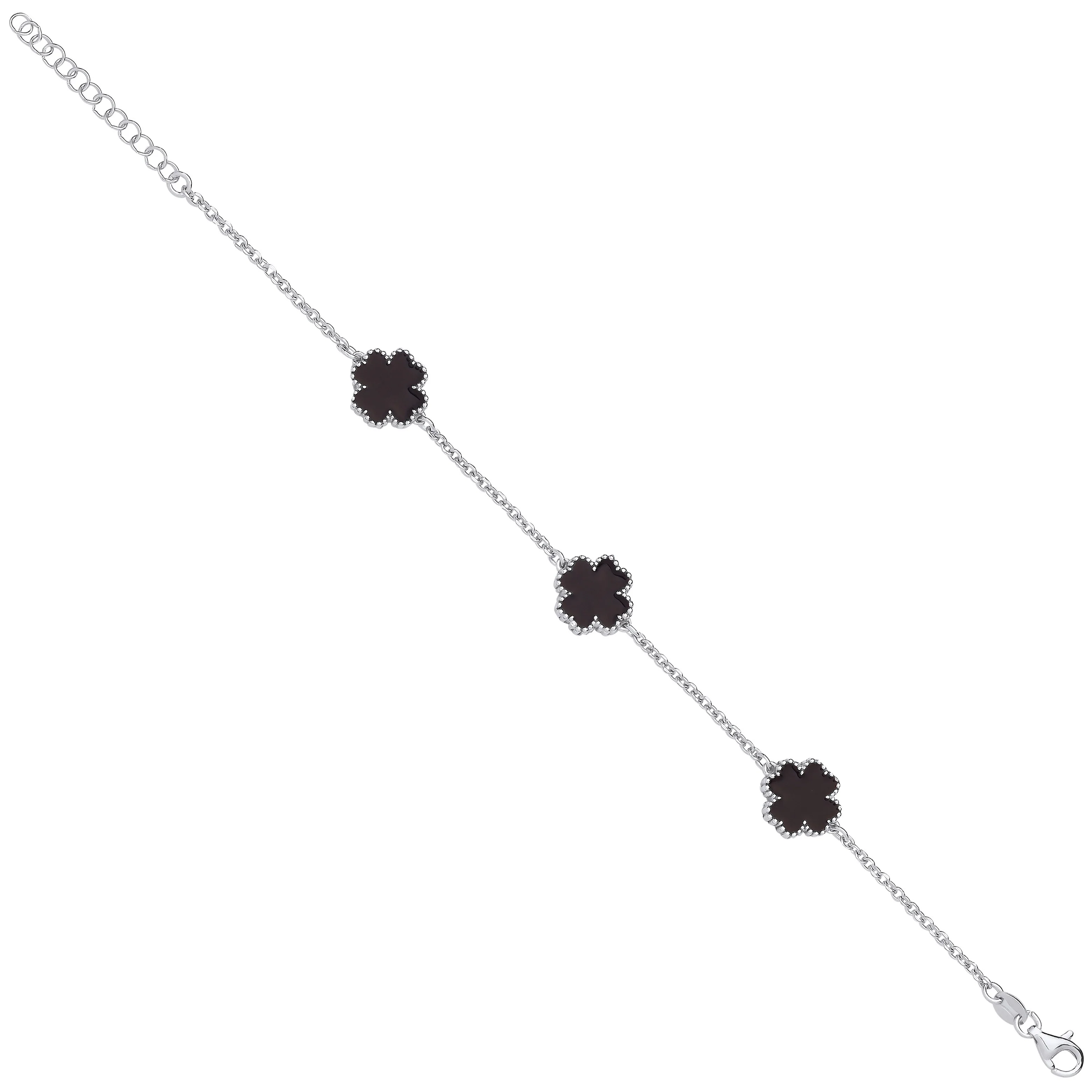 Silver BLACK Enamel Four Leaf Clover Bracelet 7" - Silver - Image 2