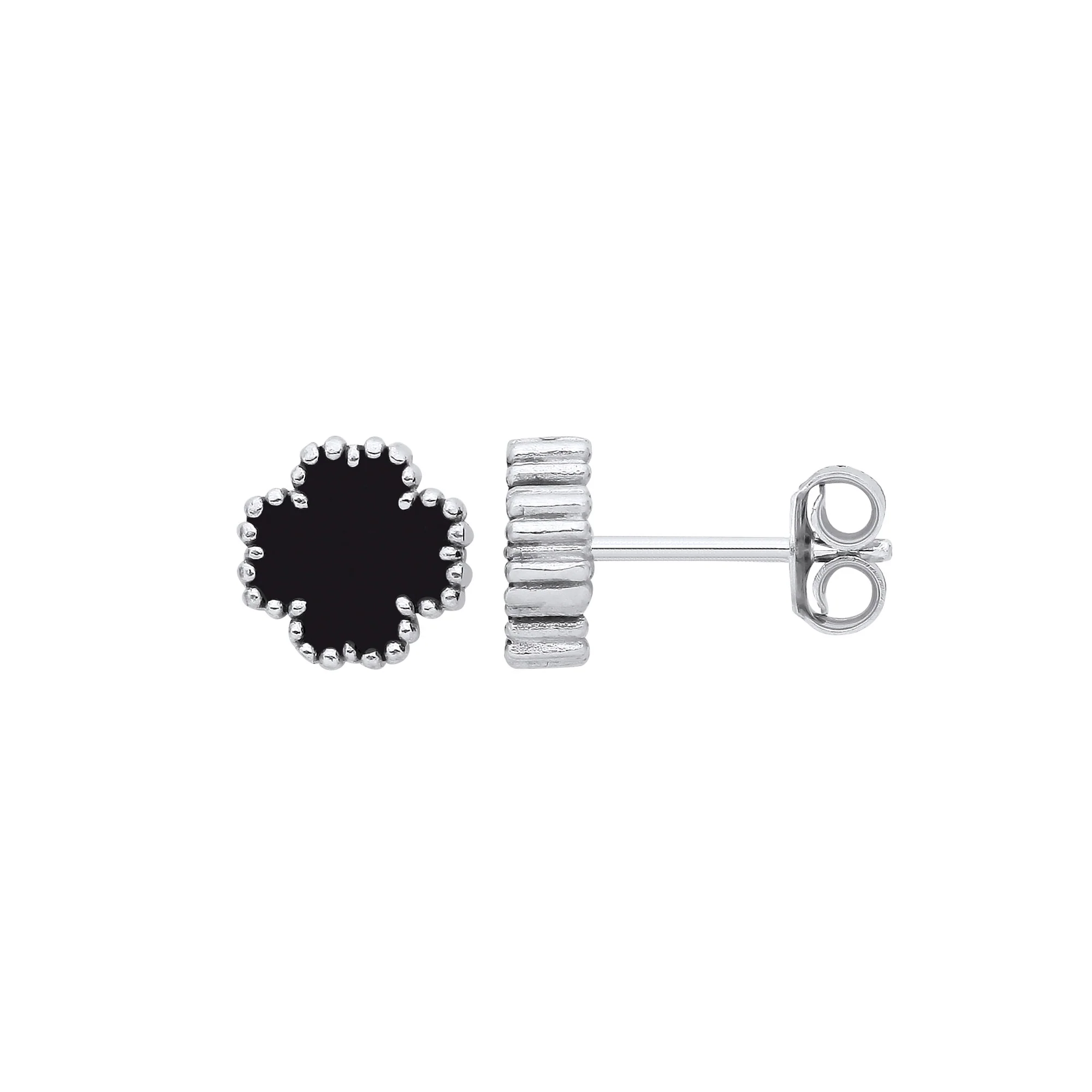 Silver BLACK Enamel Four Leaf Clover Studs - Silver - Image 2