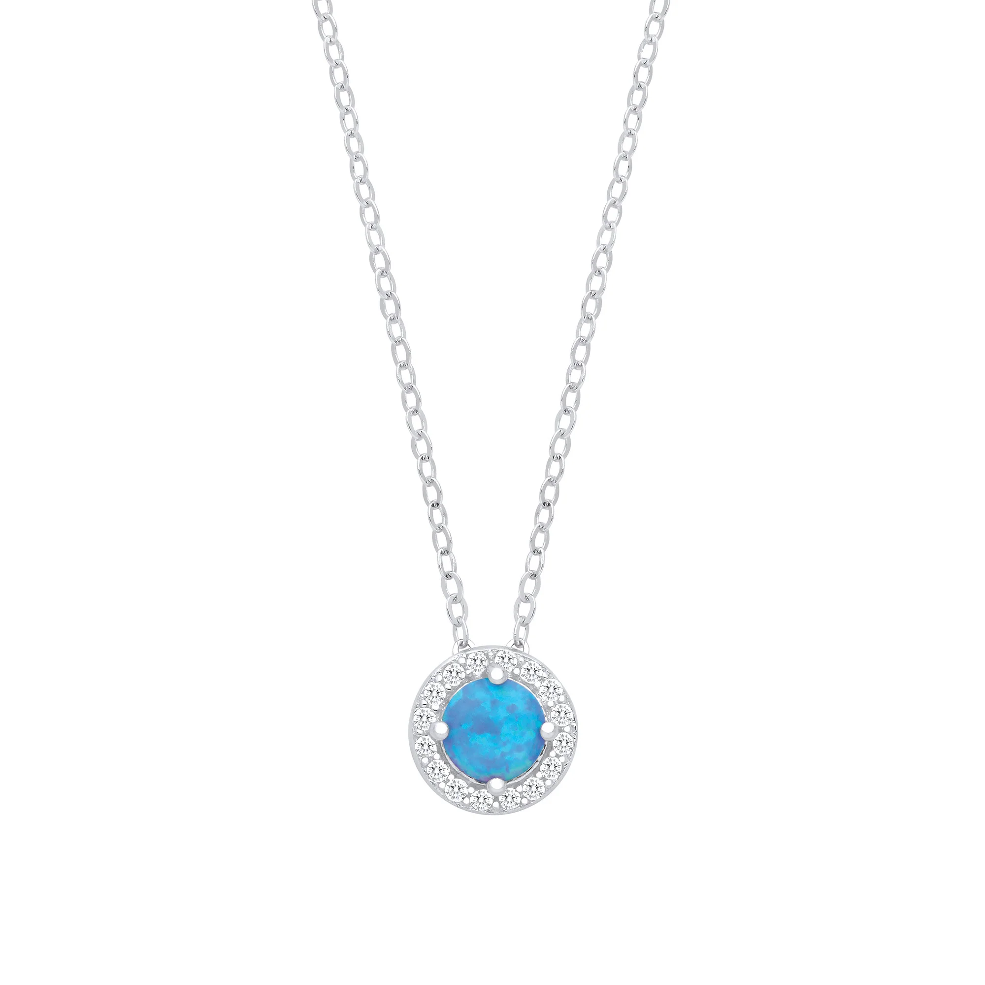 Silver Blue Opal Round Pendant with Chain - Silver - Image 2