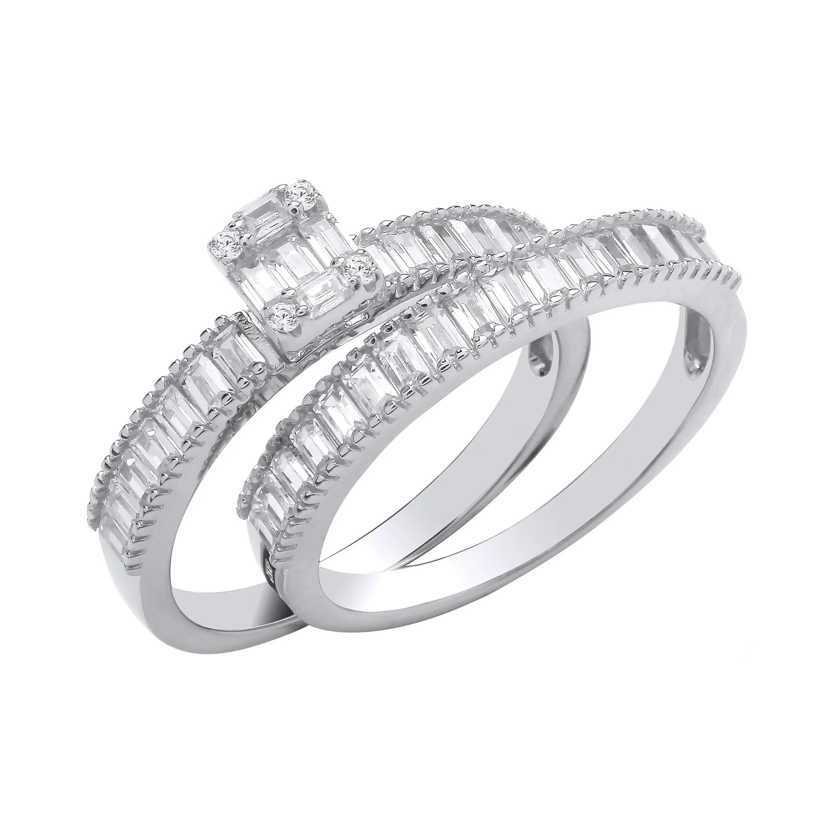 Silver Bridal Set Baguette Cubic Zirconias Half ET Rings - Silver - Image 2