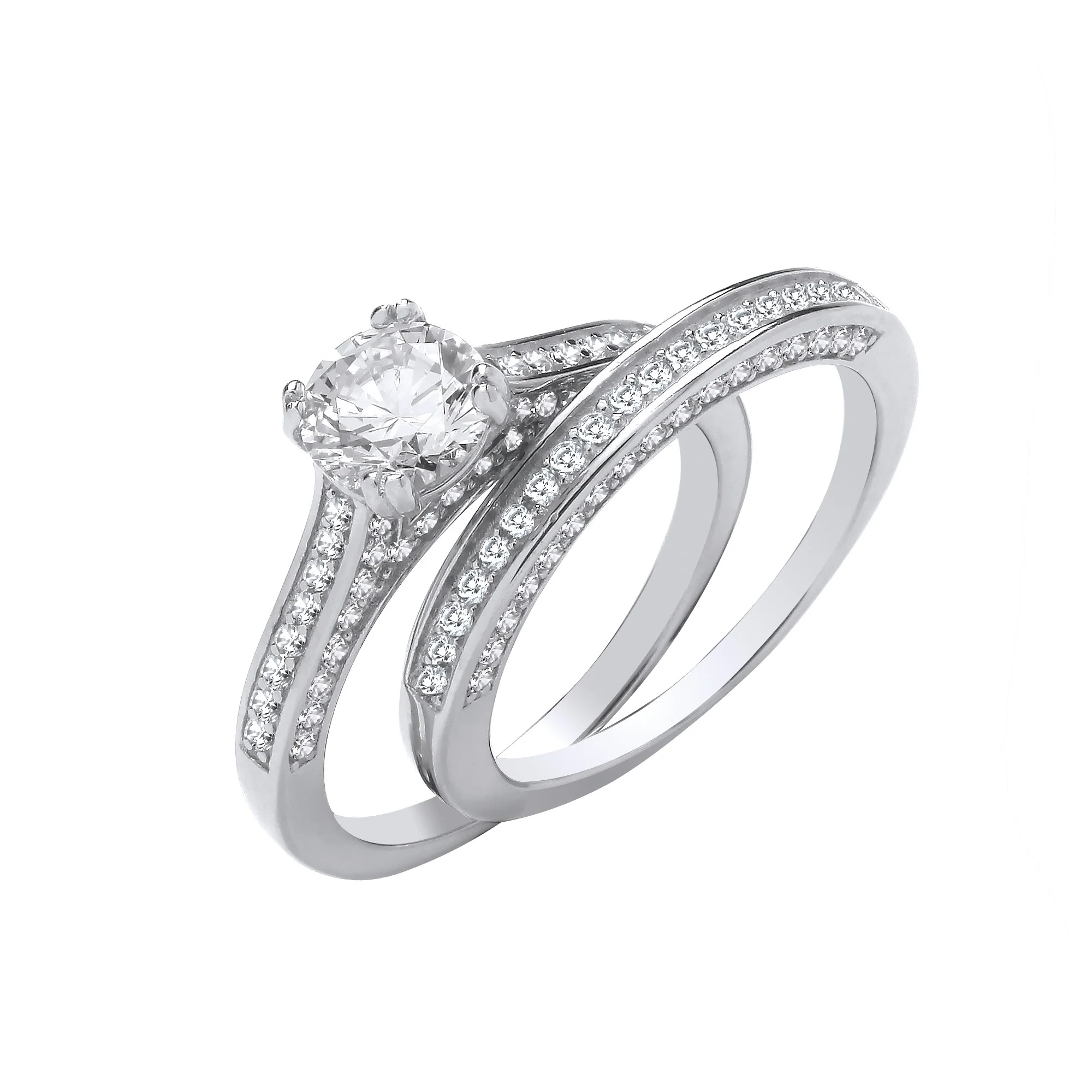 Silver Bridal Set S/S & Shoulder Cubic Zirconias Half ET Rings - Silver - Image 2