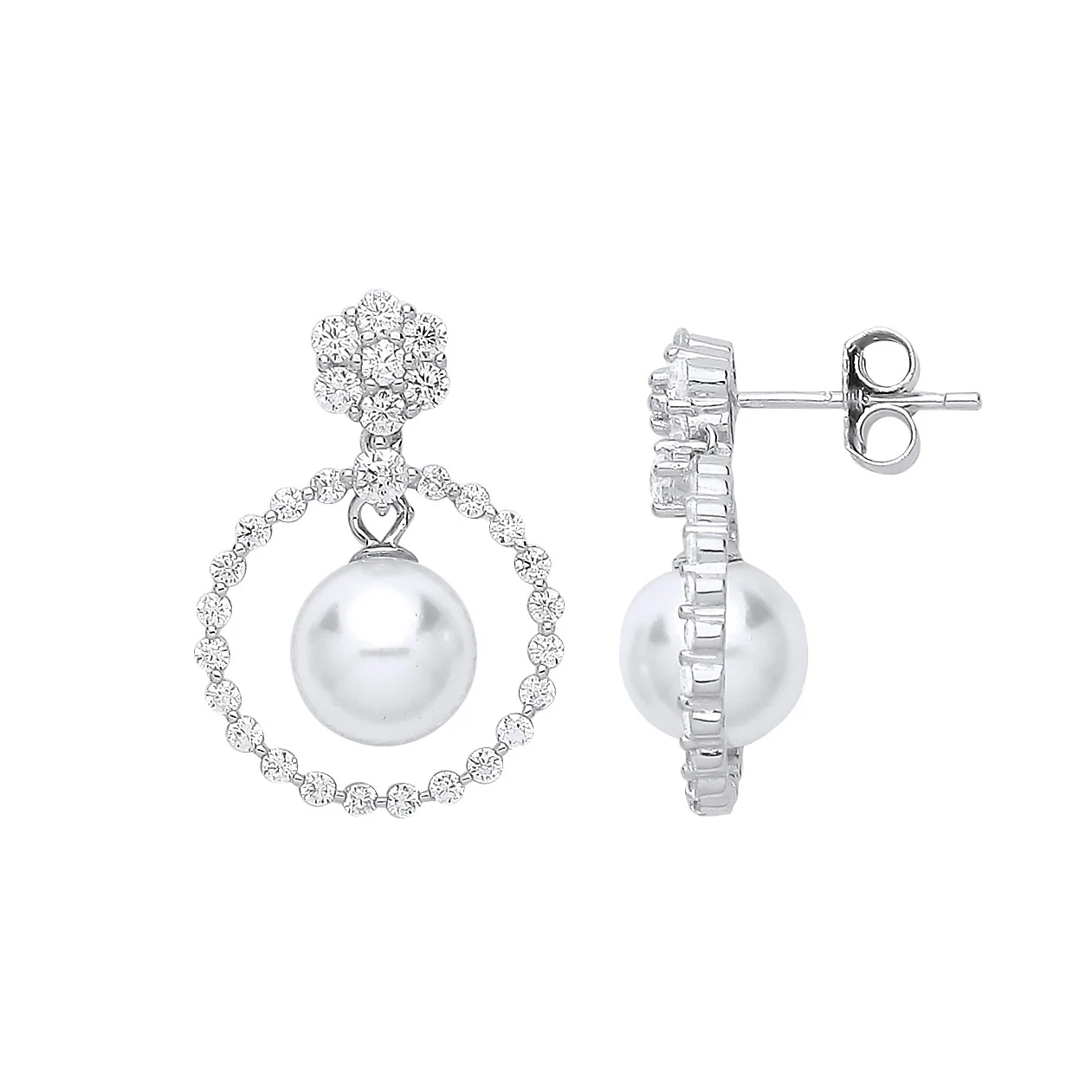 Silver Circle of Life, Pearl & Cubic Zirconia Drop Earrings - Silver - Image 2