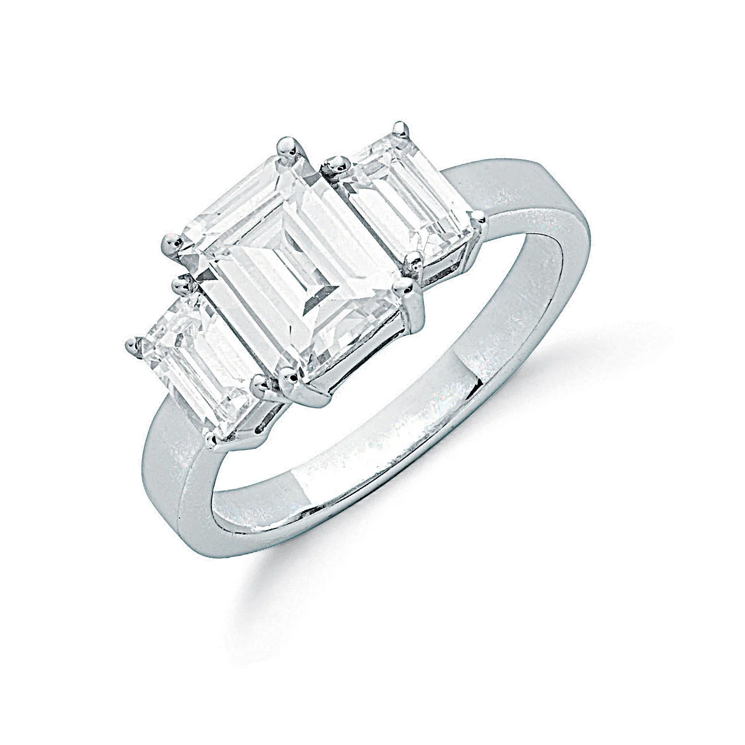 Silver Claw Set Emerald Cut Cubic Zirconia Trilogy Ring - Silver - Image 2