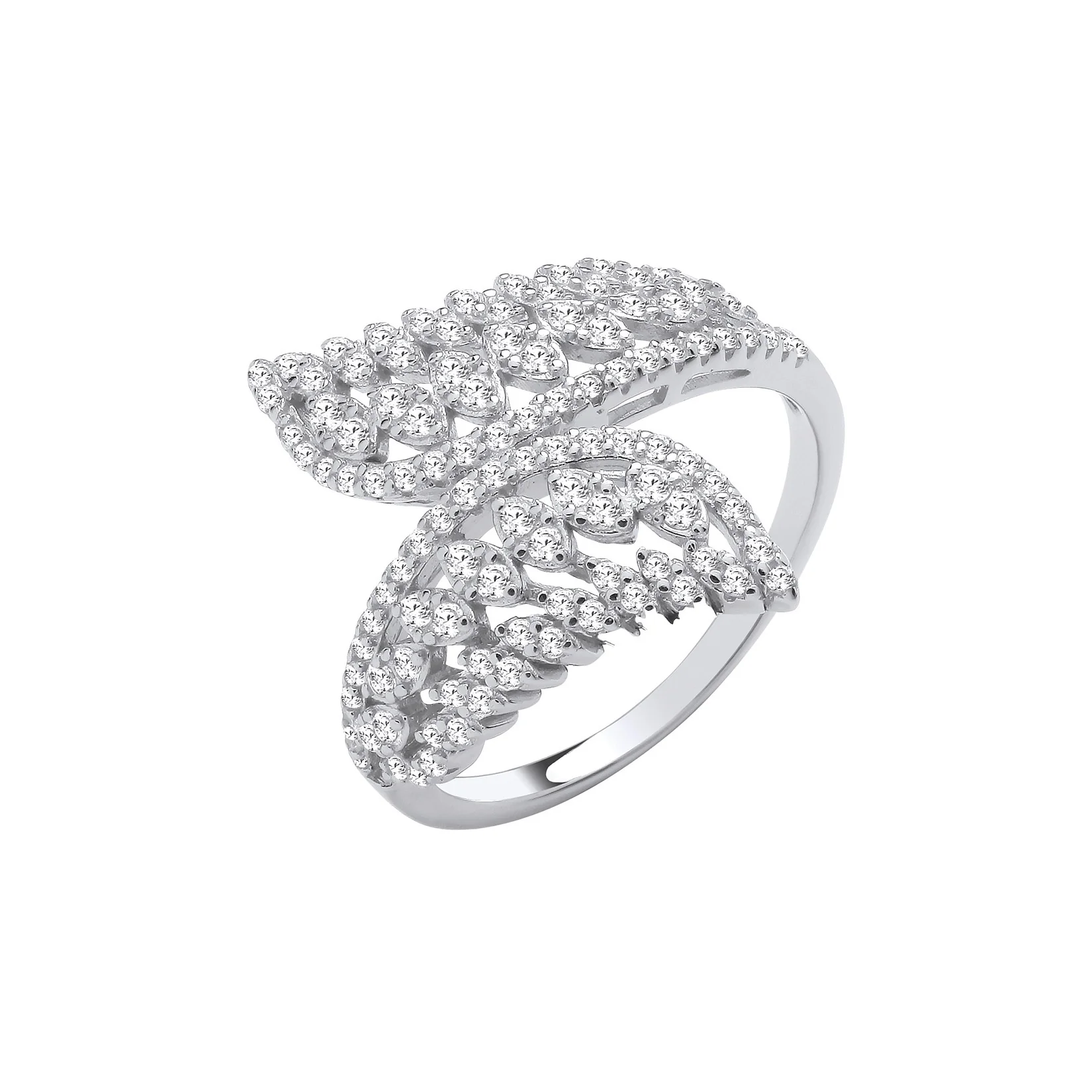 Silver Cross Over Leaf Style Cubic Zirconias Rings - Silver - Image 2