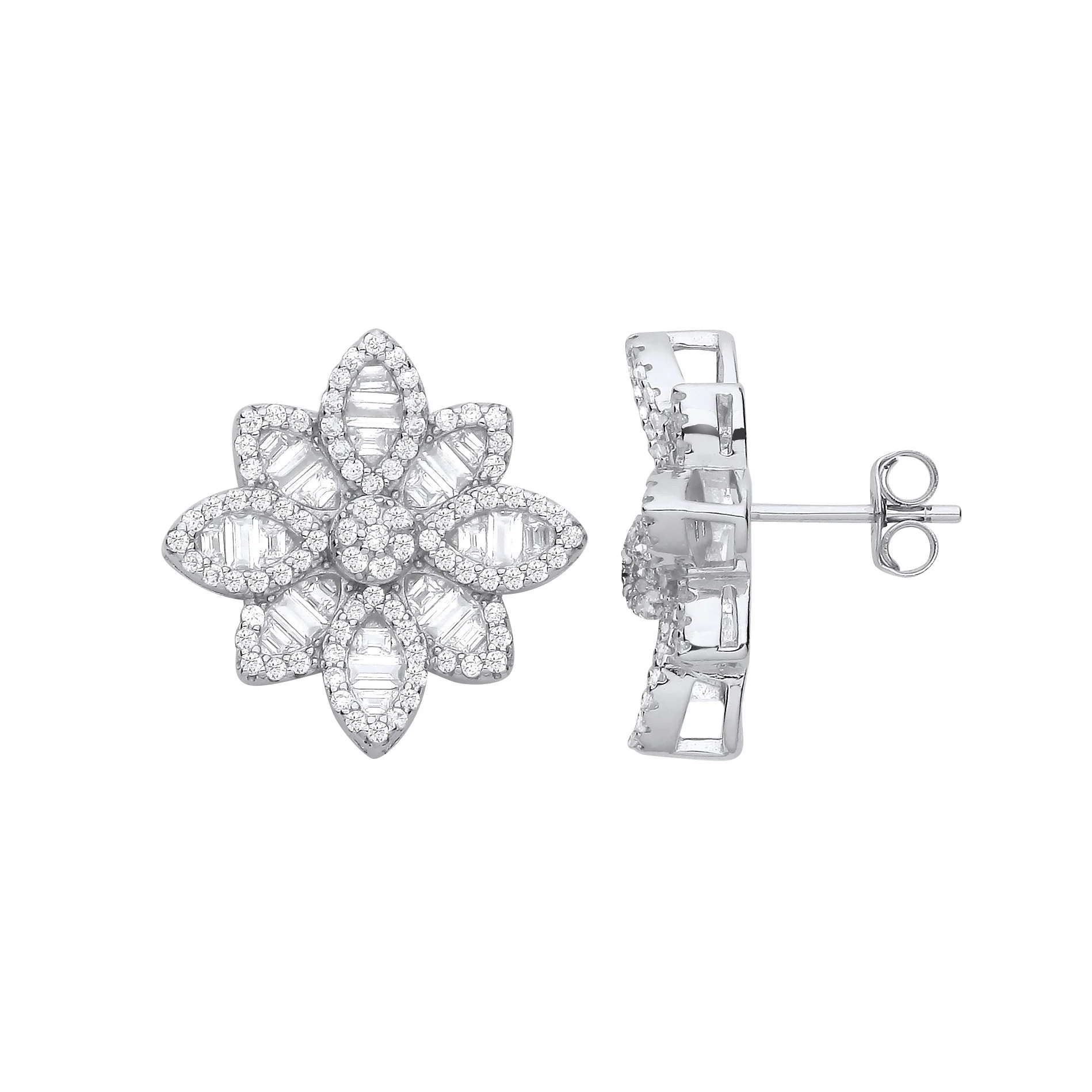 Silver Cubic Zirconia Big Flower Studs - Silver - Image 2