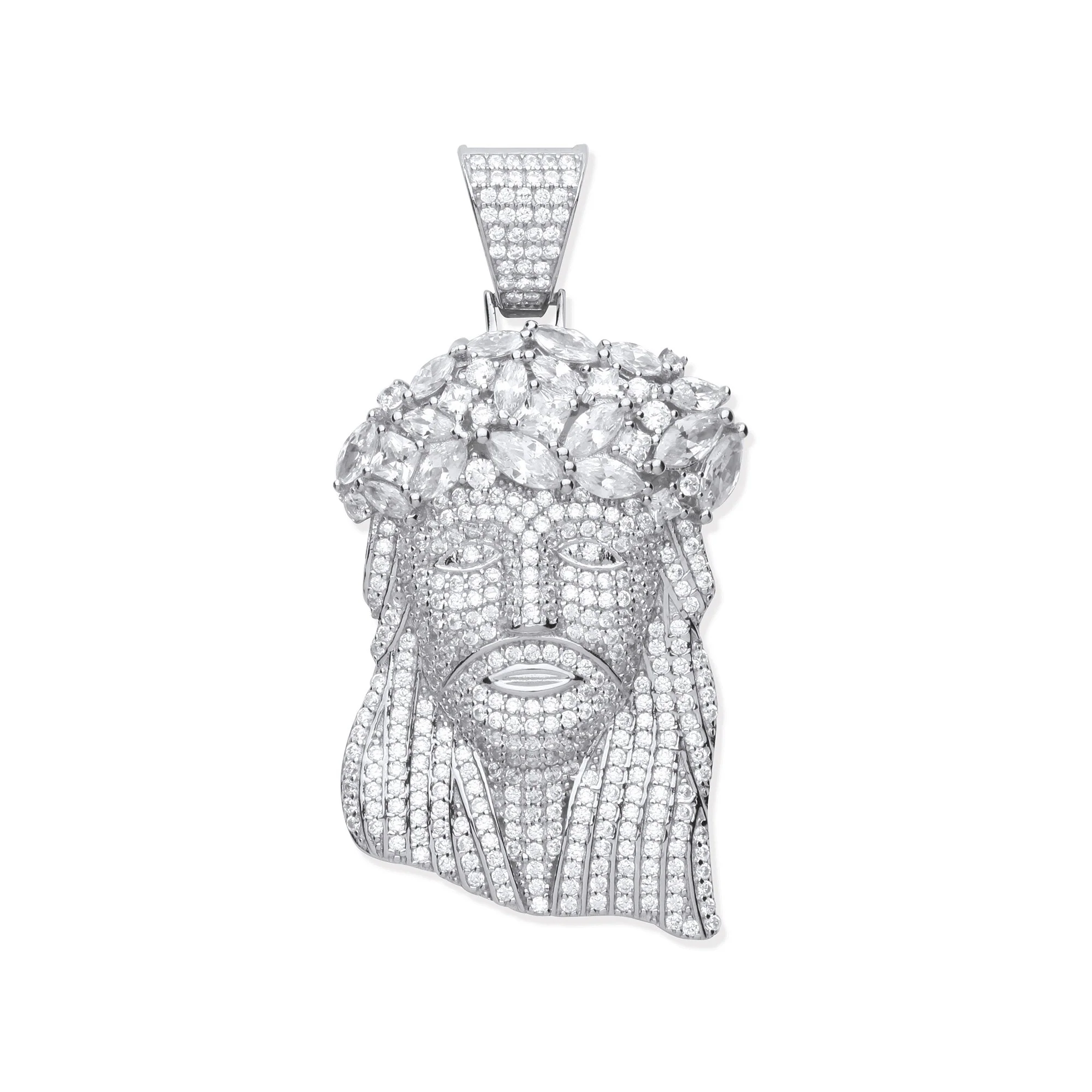 Silver Cubic Zirconia Pendant Jesus with Crown of Thorns - Silver - Image 2