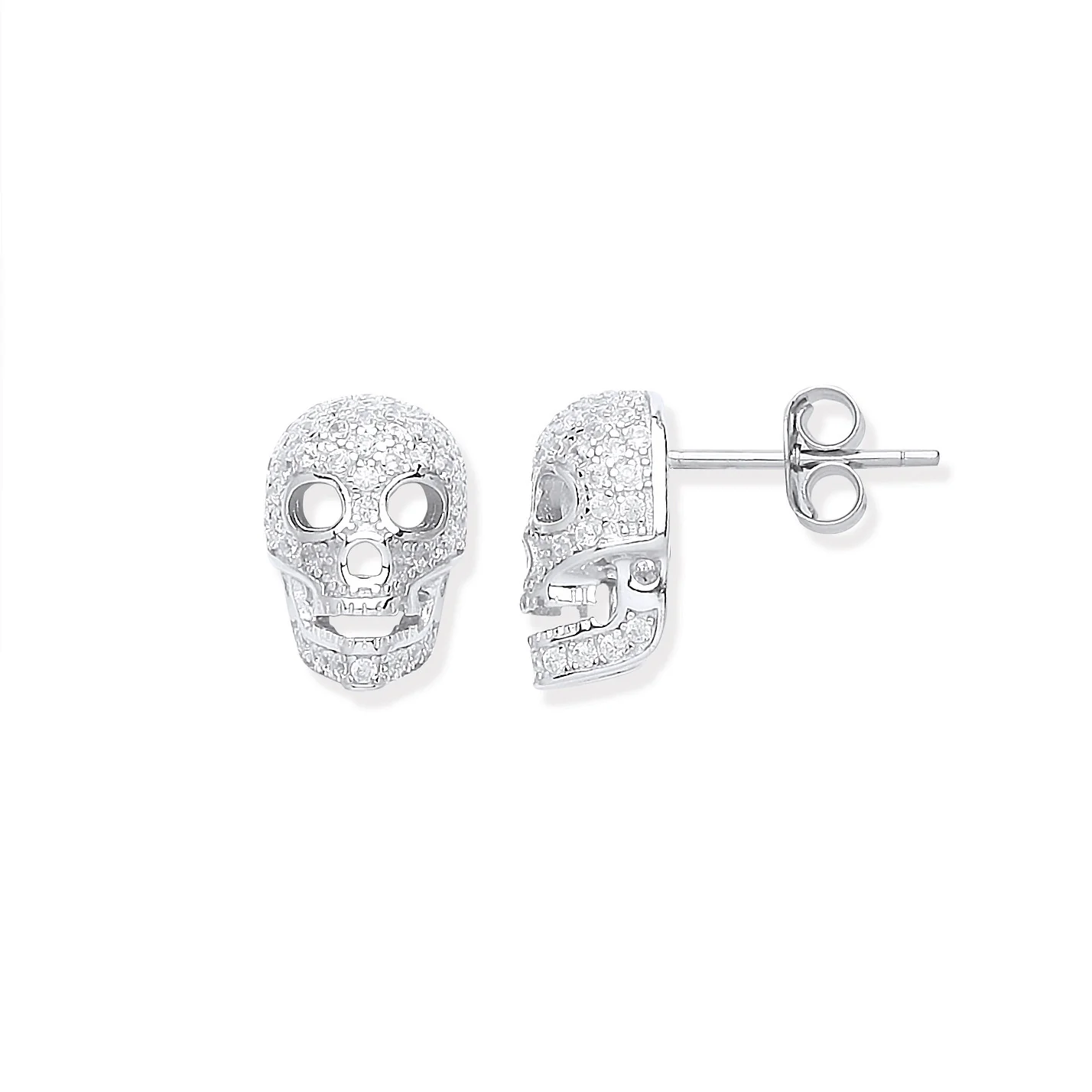 Silver Cubic Zirconia Skull Stud Earrings - Silver - Image 2