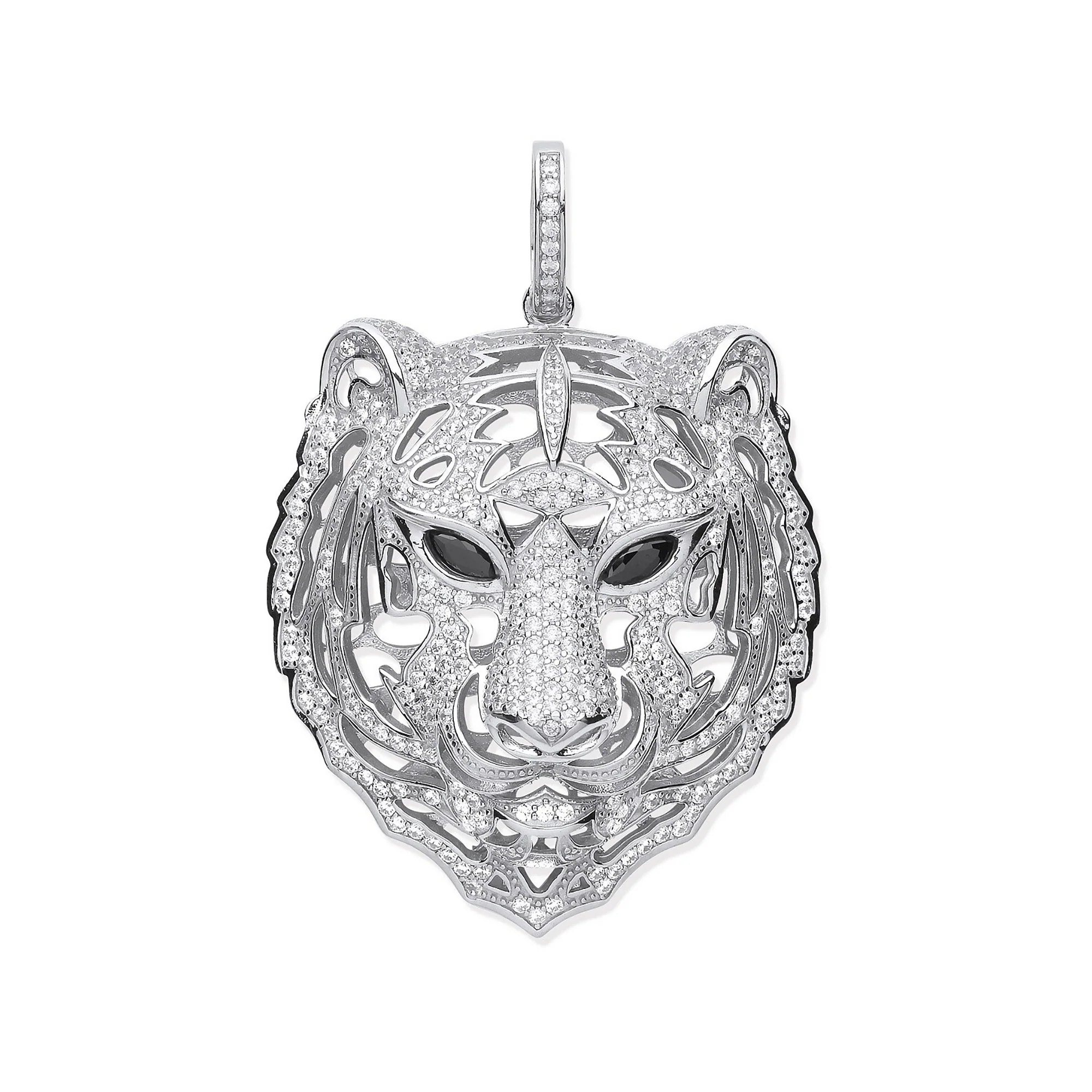 Silver Cubic Zirconia Tiger Head Black Cubic Zirconia Eyes Pendant - Silver - Image 2