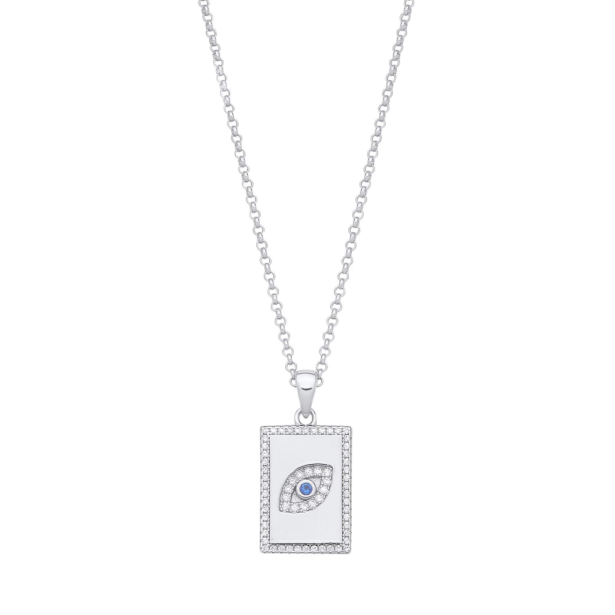 Silver Dog Tag Cubic Zirconias Evil Eye Pendant on Chain - Silver