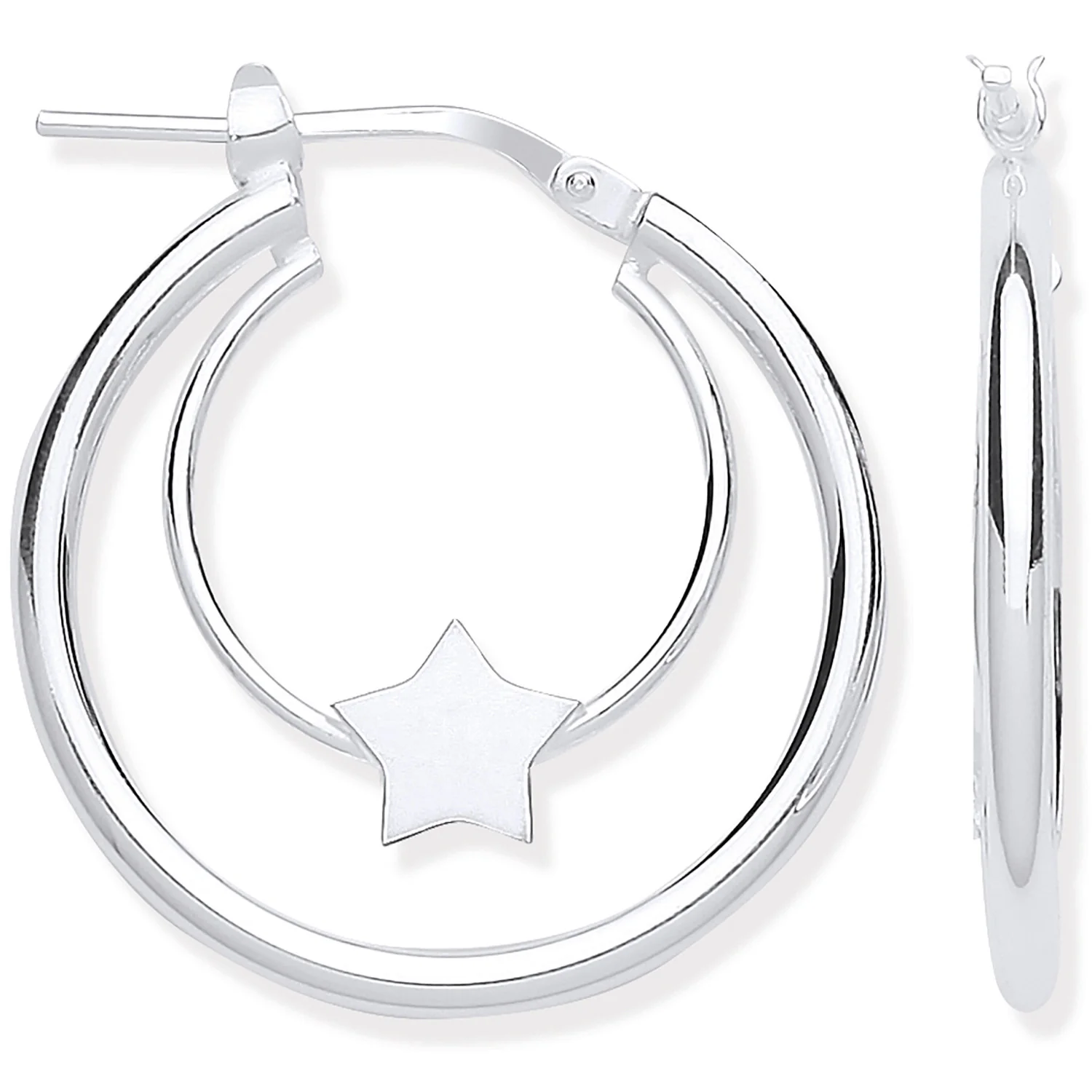 Silver Double Tube Star Hoop Earrings - Silver - Image 2