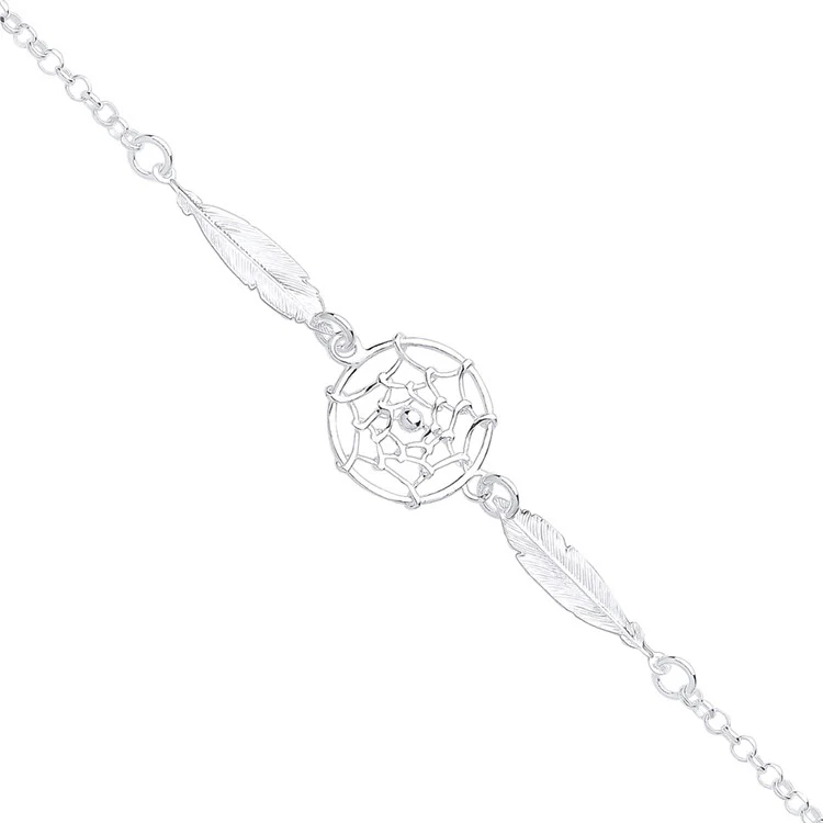 Silver Dream Catcher, Feather Spider Web Drop Bracelet - Silver - Image 2
