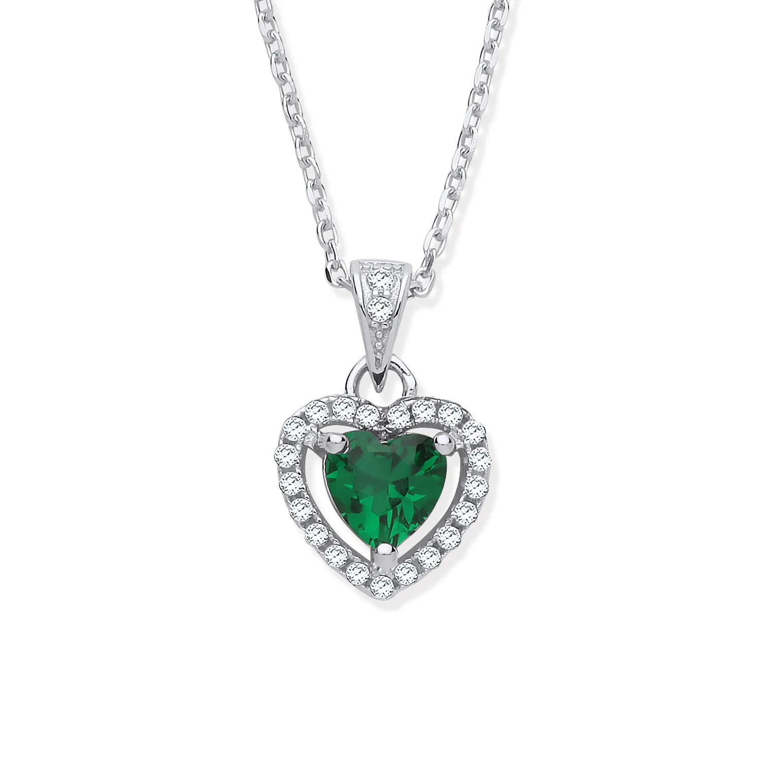 Silver Green Cubic Zirconia Halo Heart Pendant Necklace - Silver - Image 2
