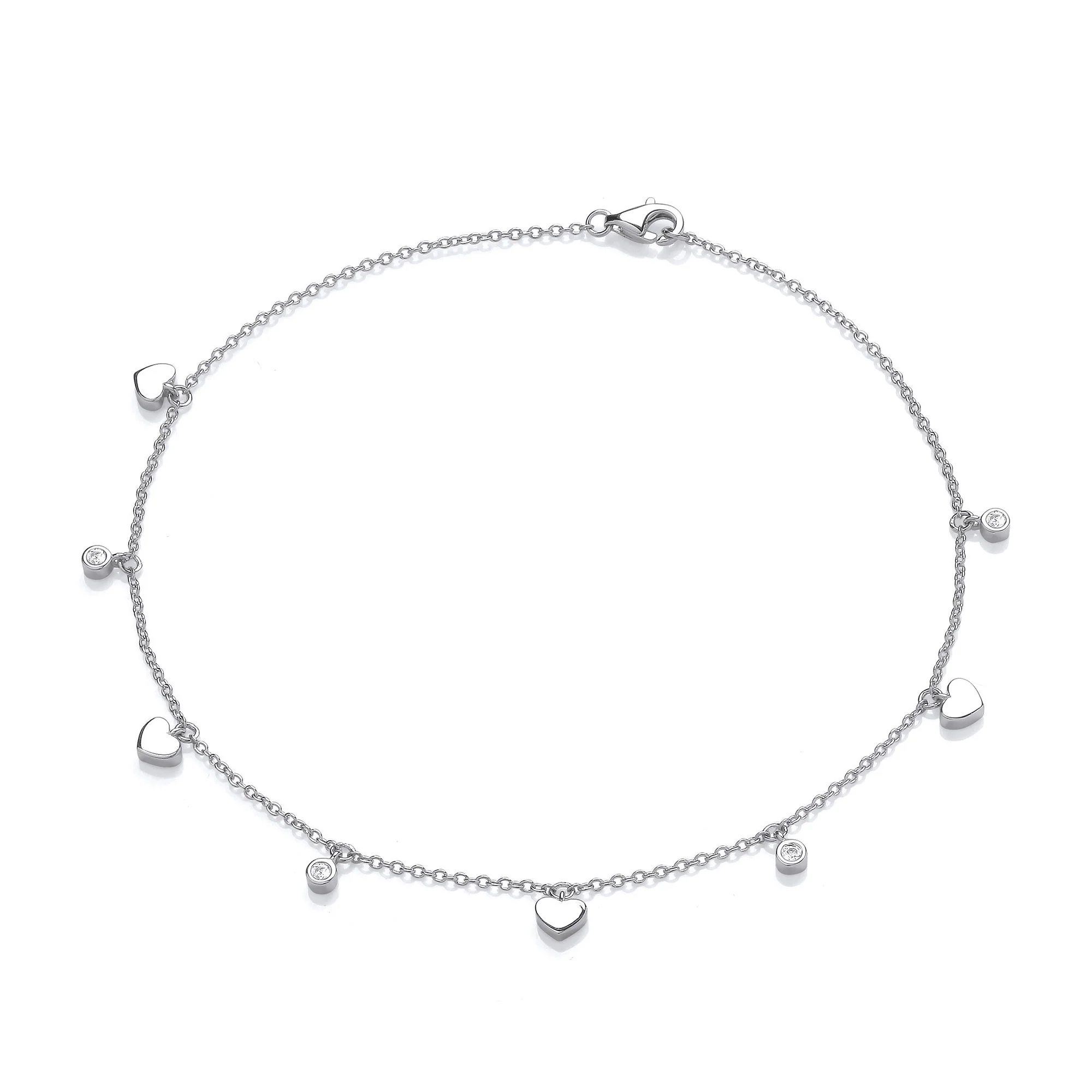 Silver Hearts and Round Cubic Zirconia's Ladies Anklet - Silver