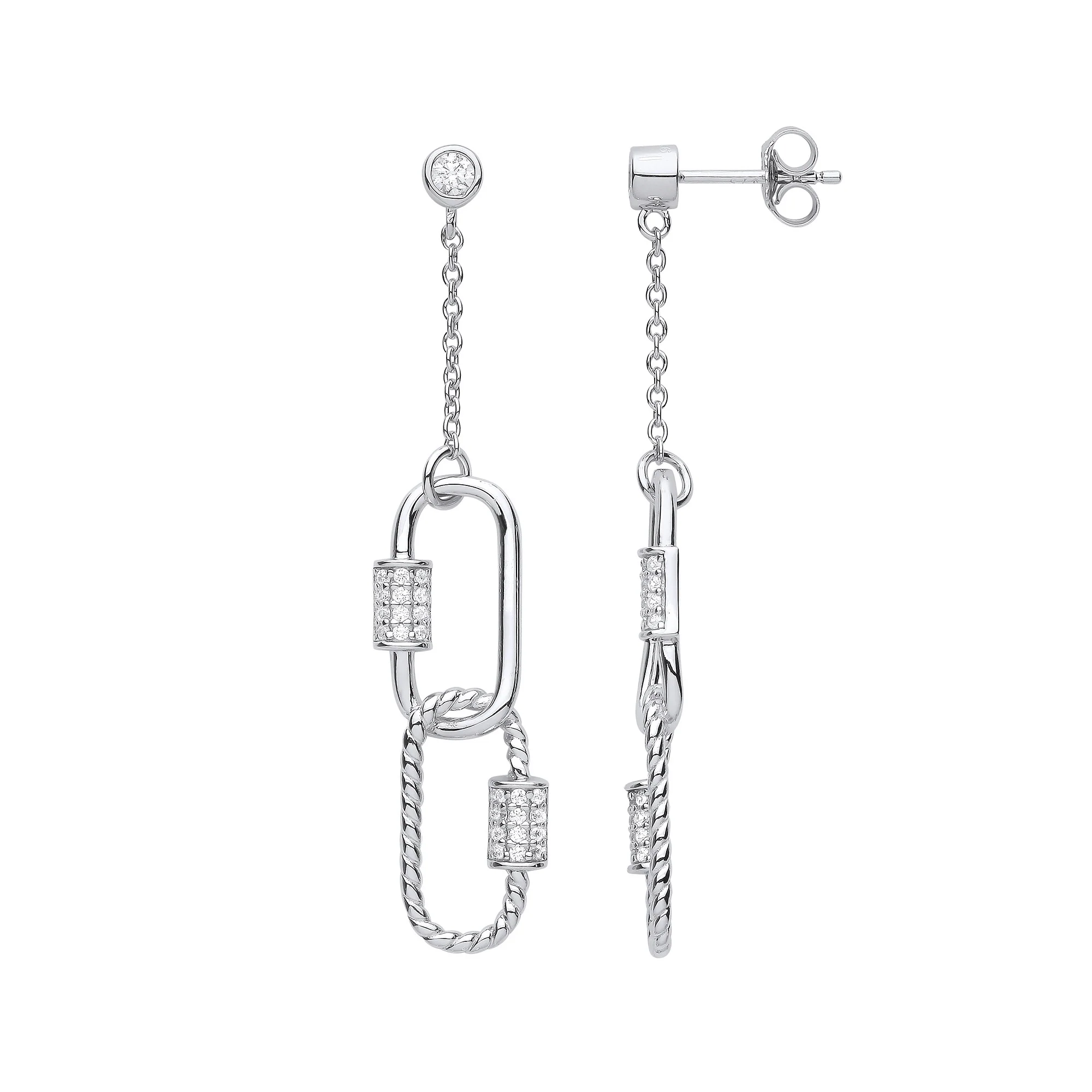 Silver Paper Clip Cubic Zirconia Drop Earrings - Silver