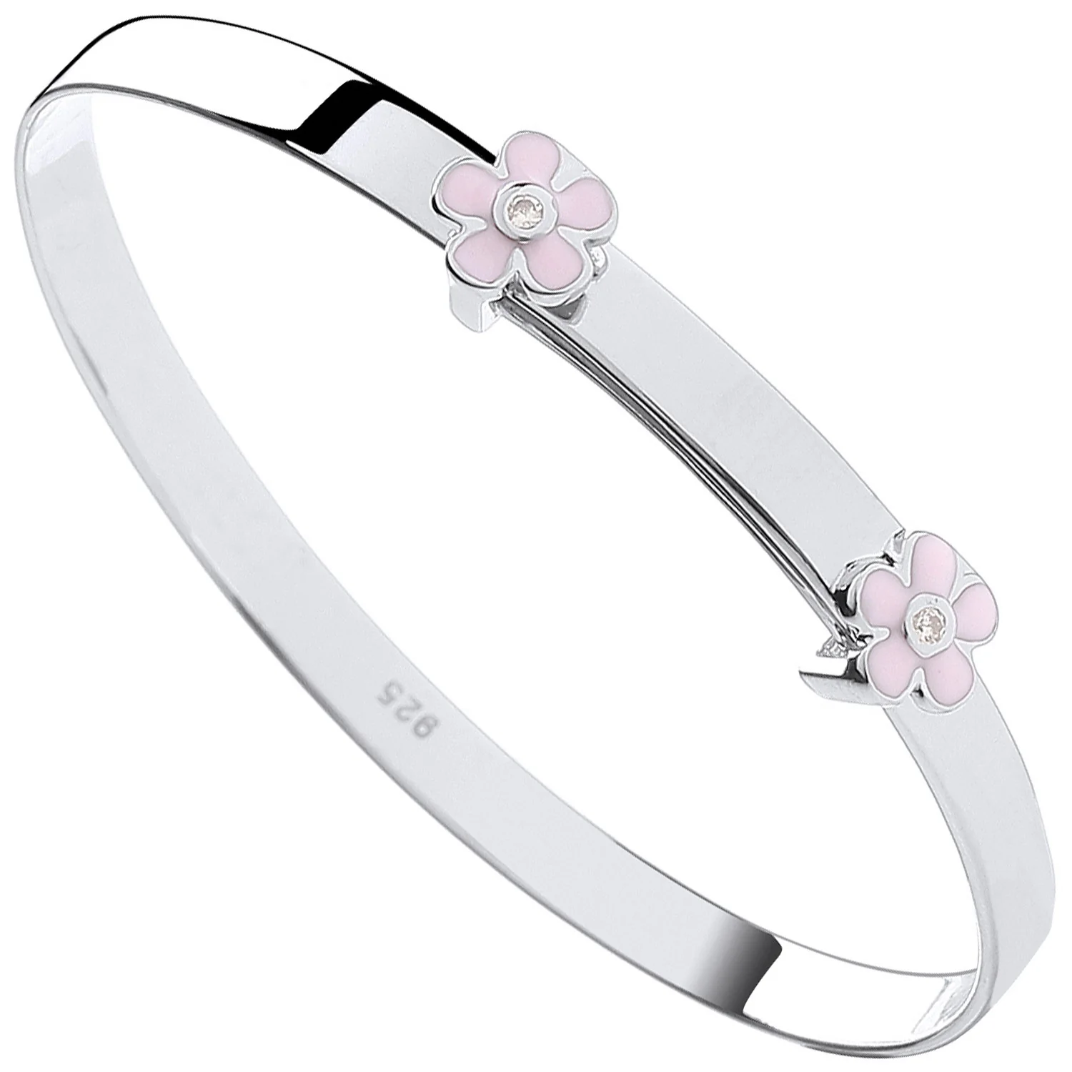 Silver Pink Enamel & Cubic Zirconia Flowers Expandable Baby Bangle - Silver - Image 2