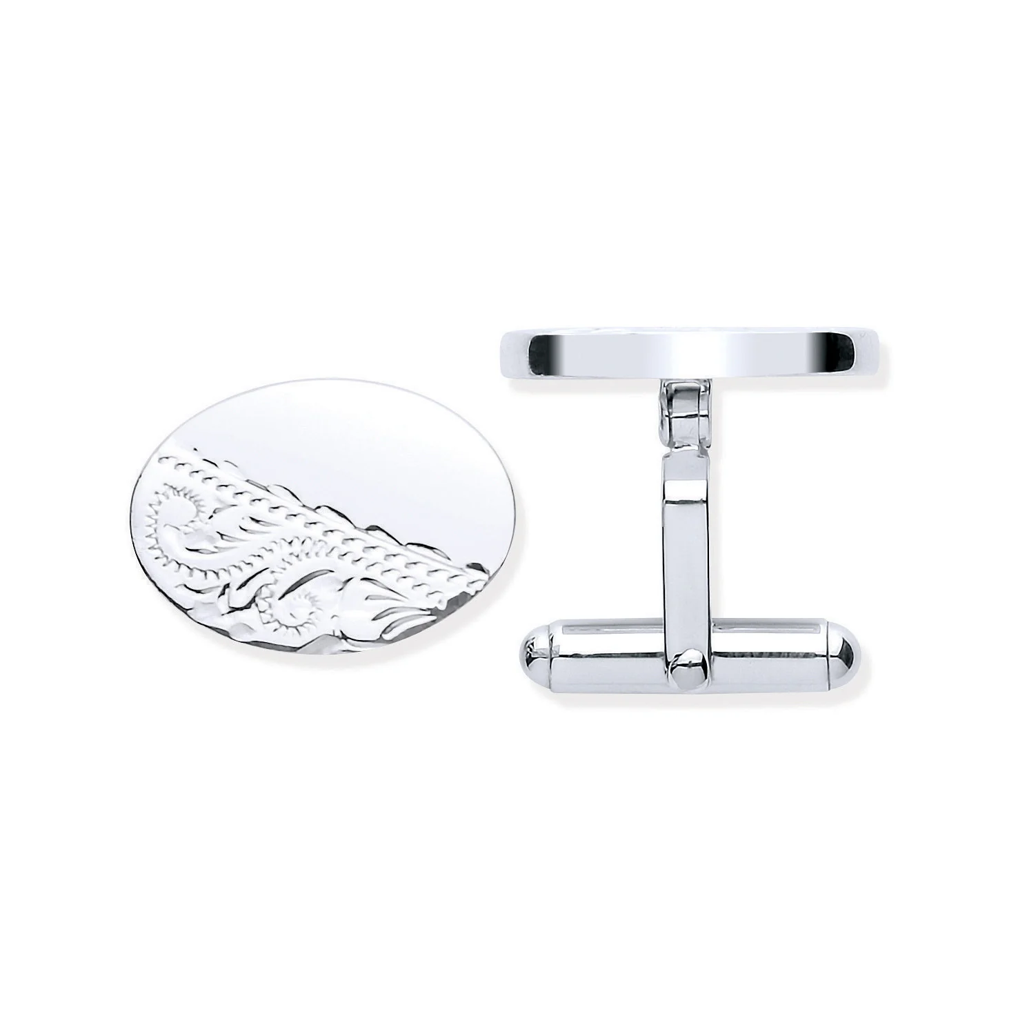 Silver Plain & Engraved Oval Cufflinks - Silver - Image 2