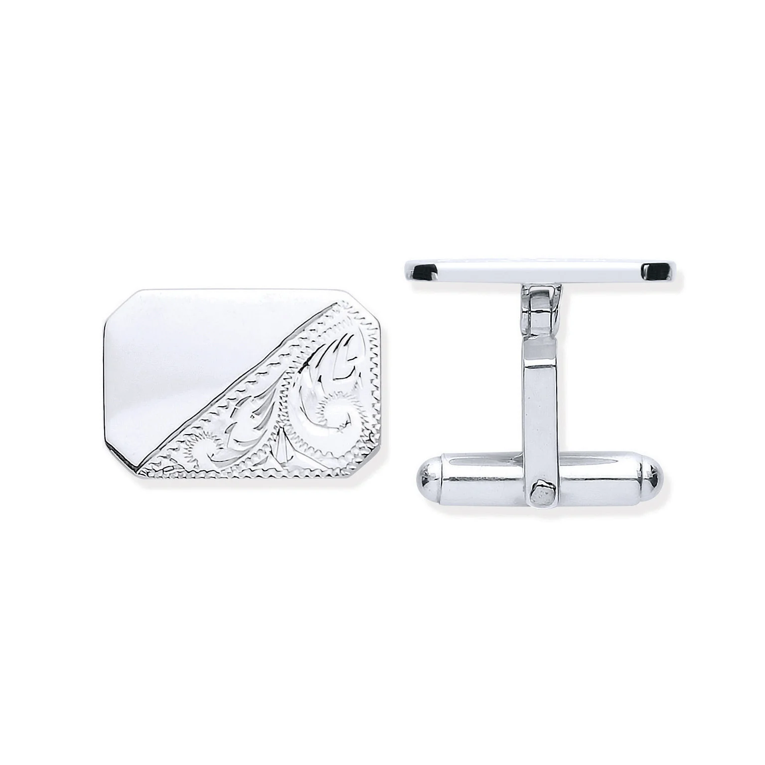 Silver Plain & Engraved Rectangle Cufflinks - Silver - Image 2