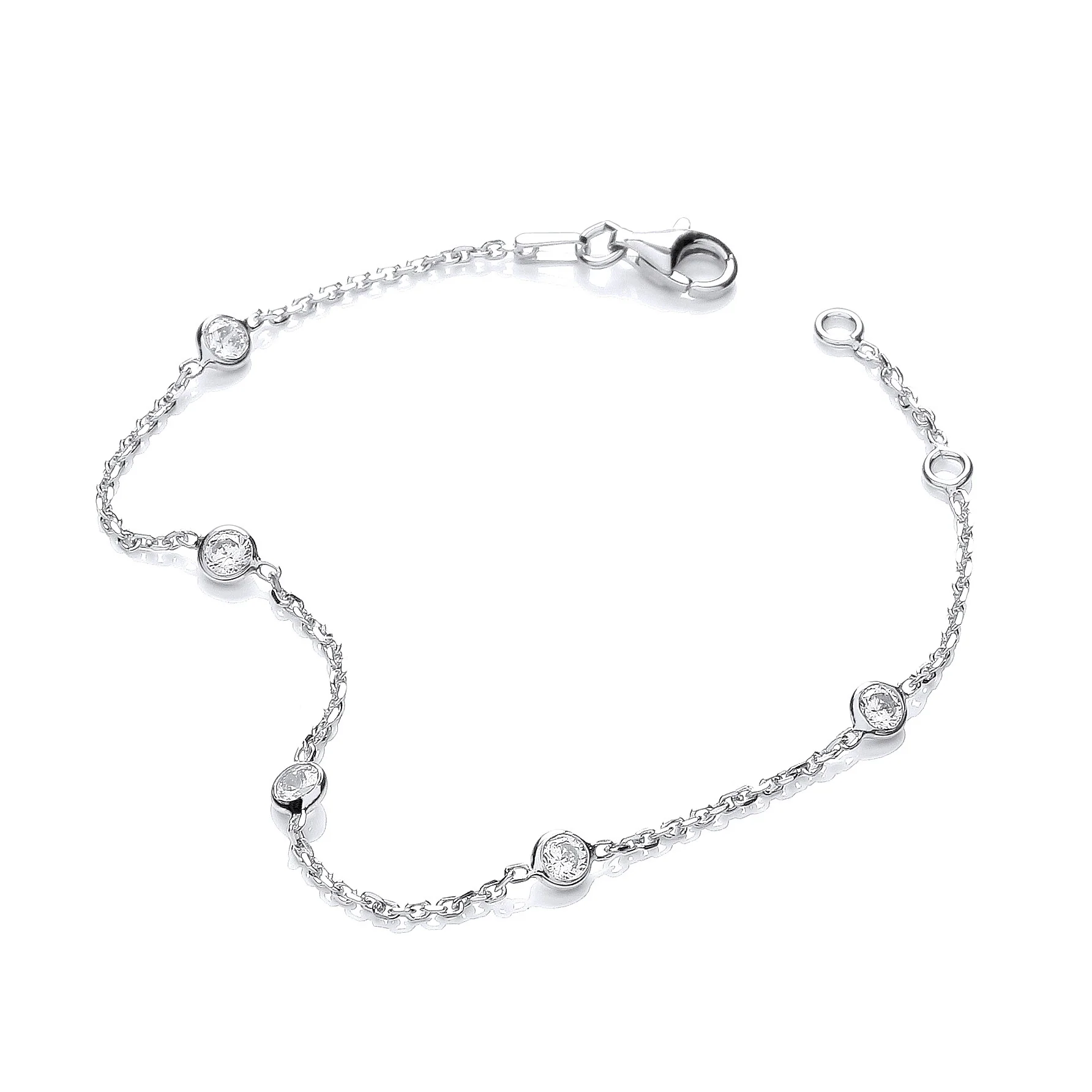 Silver Rh.Plated Rubover 5 Cubic Zirconia's Bracelet 7" - Silver - Image 2
