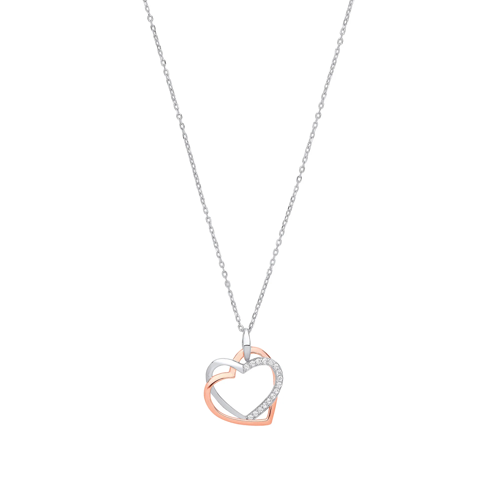 Silver Rose Gold Plated Cubic Zirconia Hearts Charm Necklace - Silver - Image 2