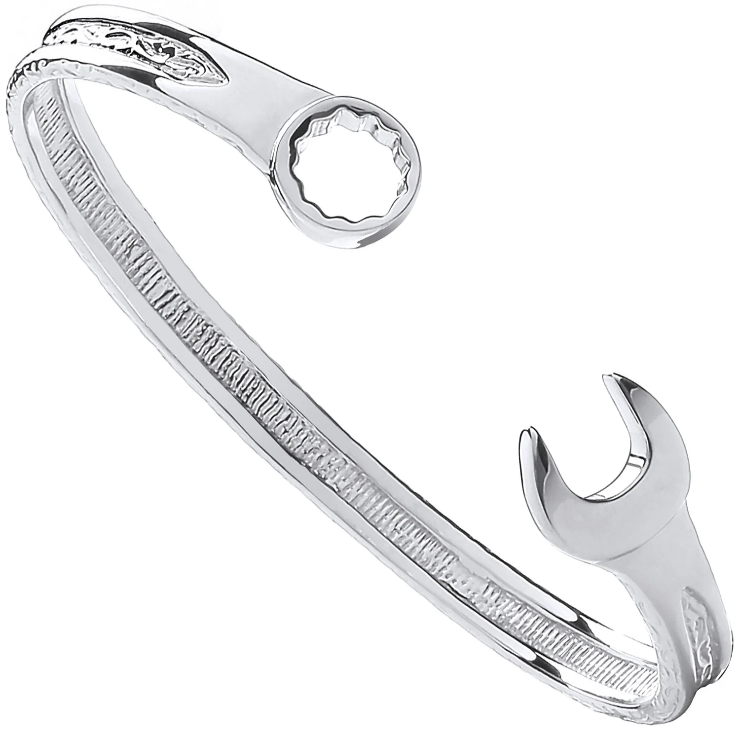 Silver Solid Vintage Design Spanner Gents 7mm Bangle - Silver - Image 2