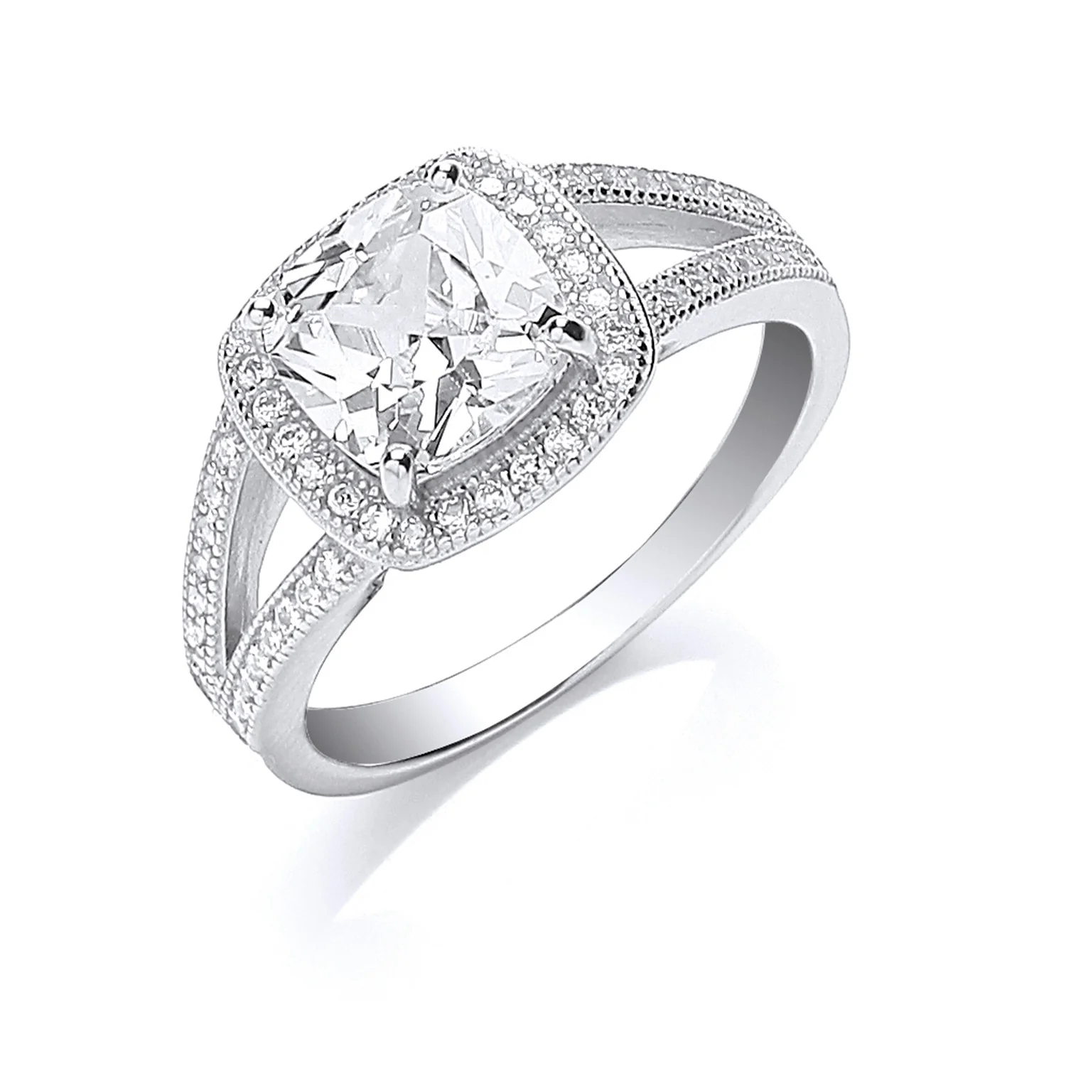 Silver Square Cubic Zirconia Split Shank Ring - Silver - Image 2