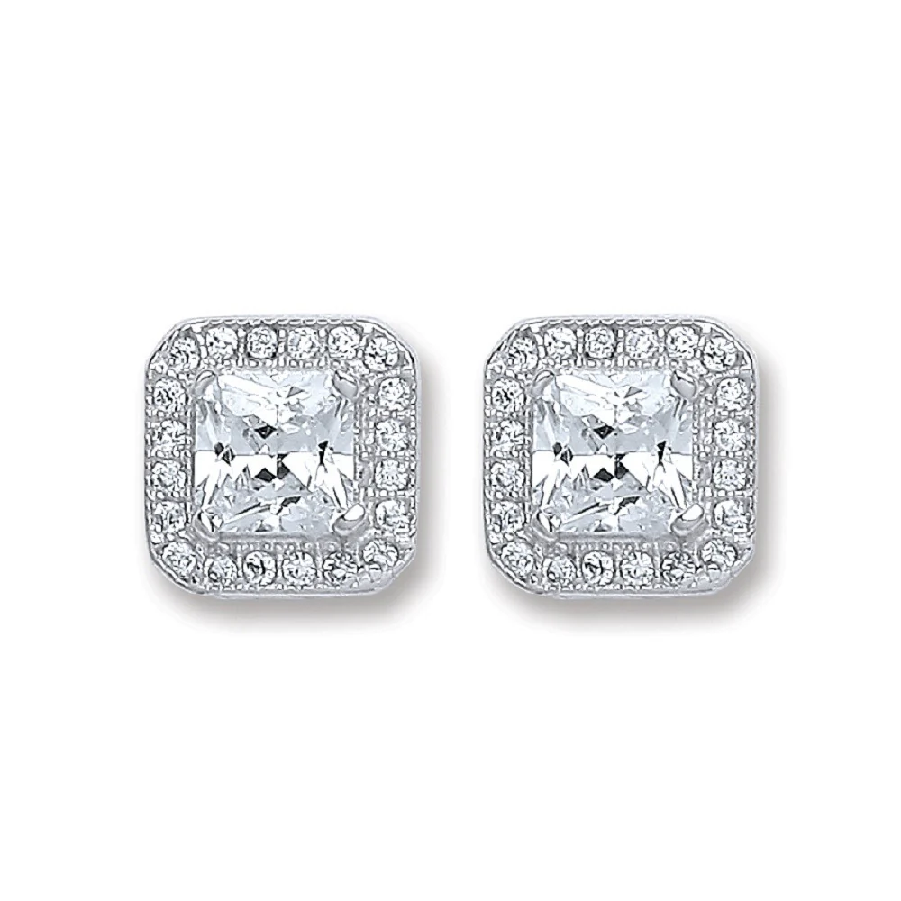 Silver Square Cubic Zirconia Stud Earrings - Silver - Image 2