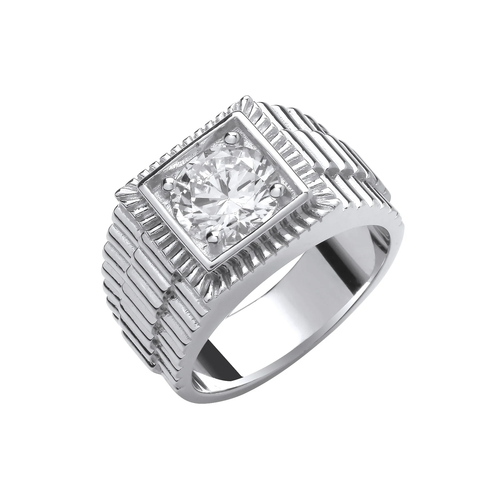 Silver Square Top with Round Cubic Zirconia Gents Ring - Silver - Image 2