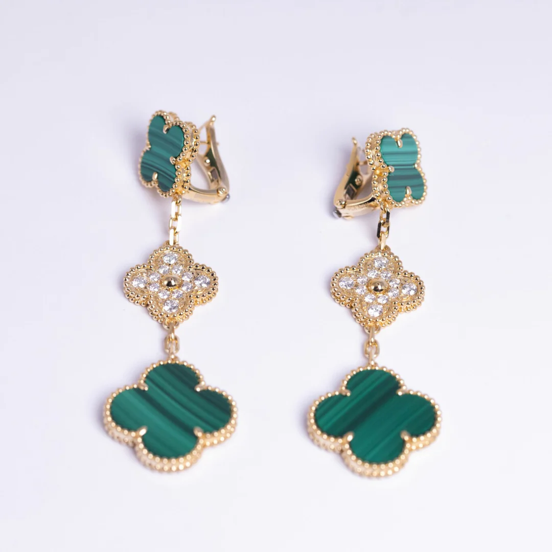 Van Cleef & Arpels Magic Alhambra Earrings 3 Motifs Diamonds and Malachite 18K Yellow Gold - Image 2