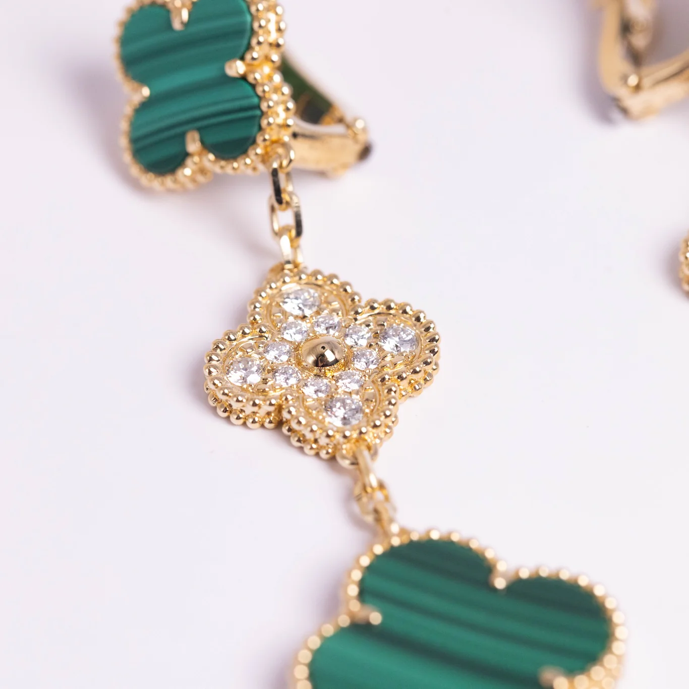 Van Cleef & Arpels Magic Alhambra Earrings 3 Motifs Diamonds and Malachite 18K Yellow Gold - Image 3