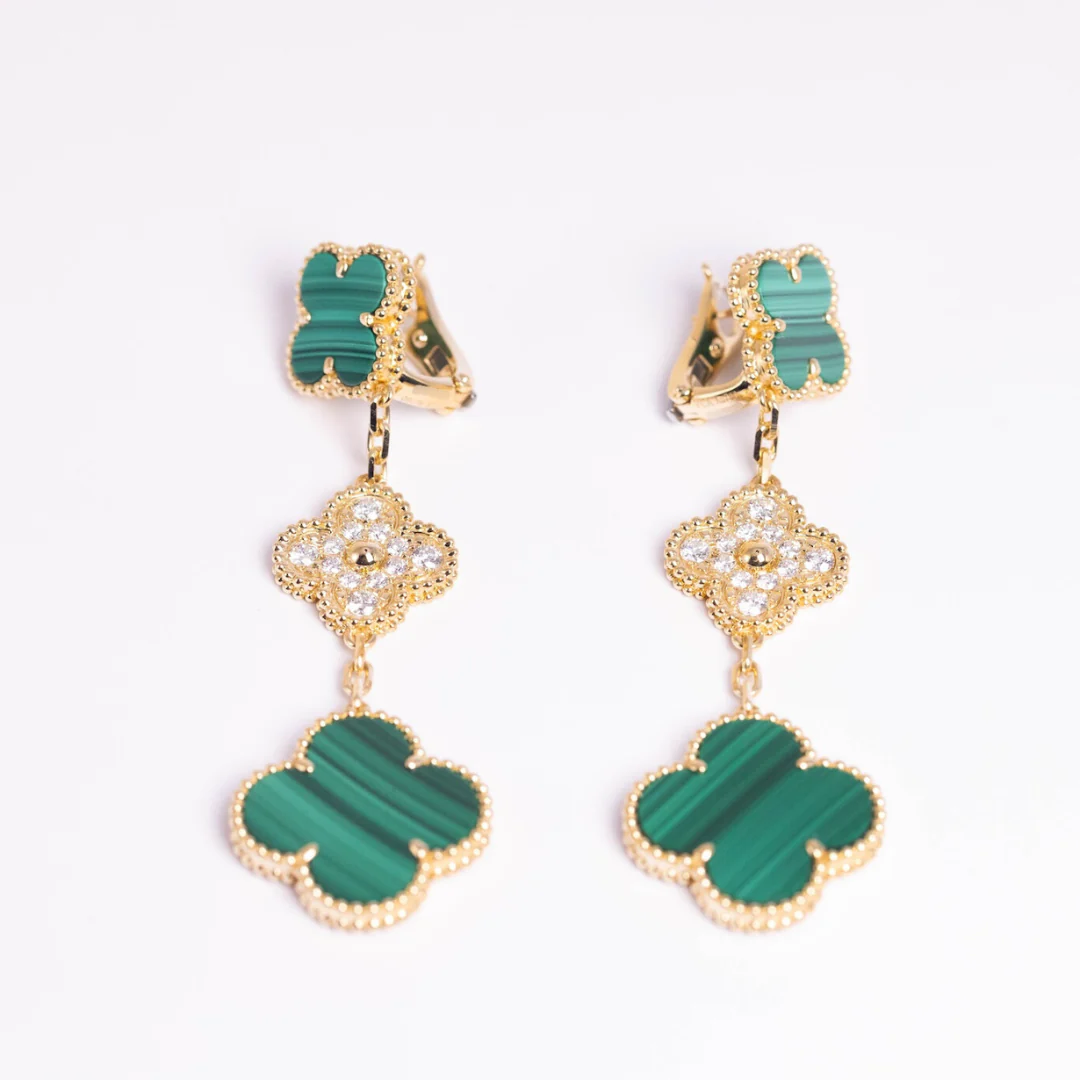 Van Cleef & Arpels Magic Alhambra Earrings 3 Motifs Diamonds and Malachite 18K Yellow Gold - Image 4