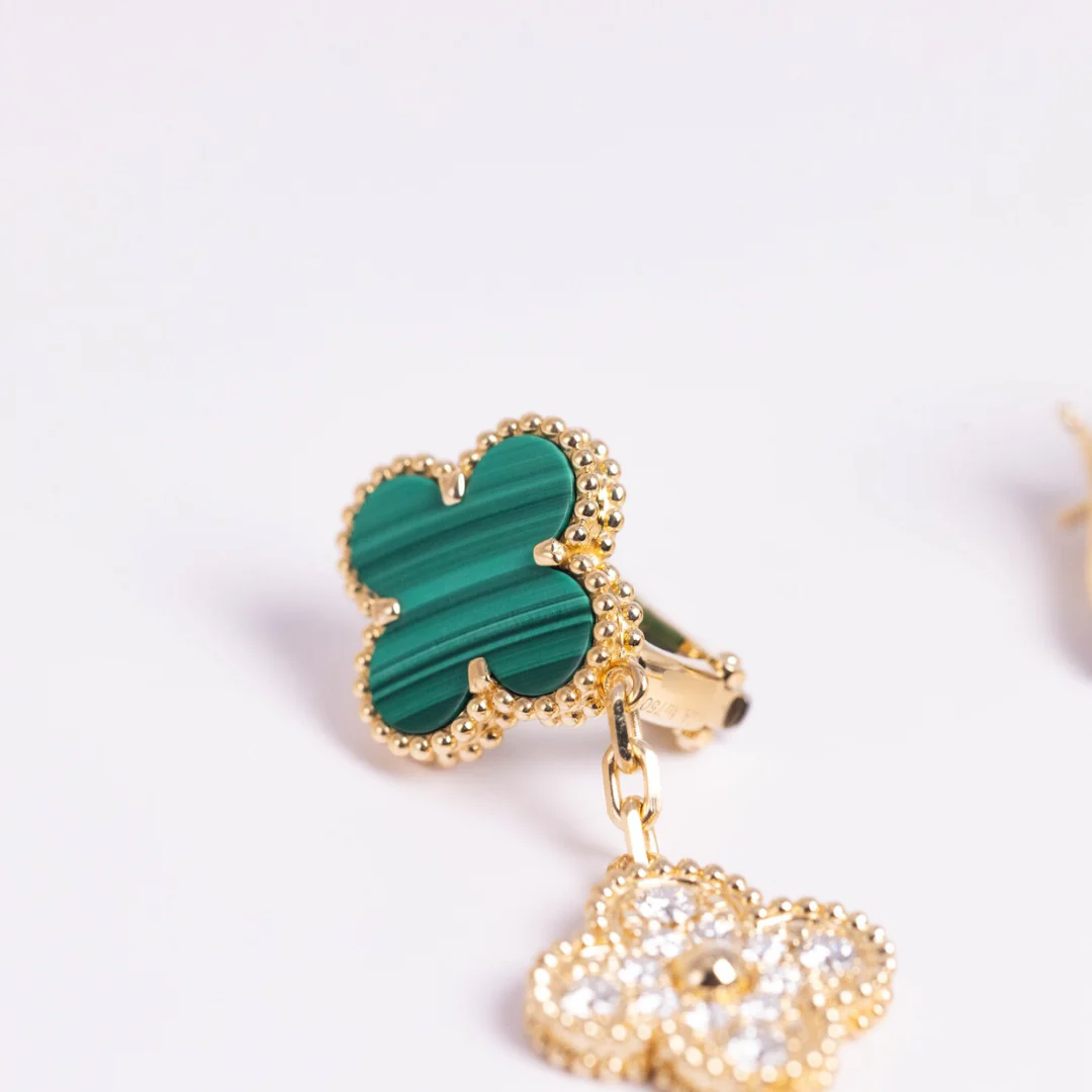 Van Cleef & Arpels Magic Alhambra Earrings 3 Motifs Diamonds and Malachite 18K Yellow Gold - Image 5