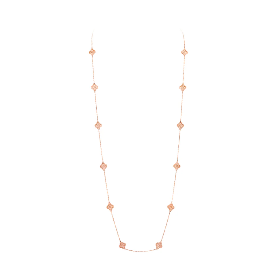Van Cleef & Arpels Sweet Alhambra Long Necklace 16 motifs Embossed 18K Rose Gold