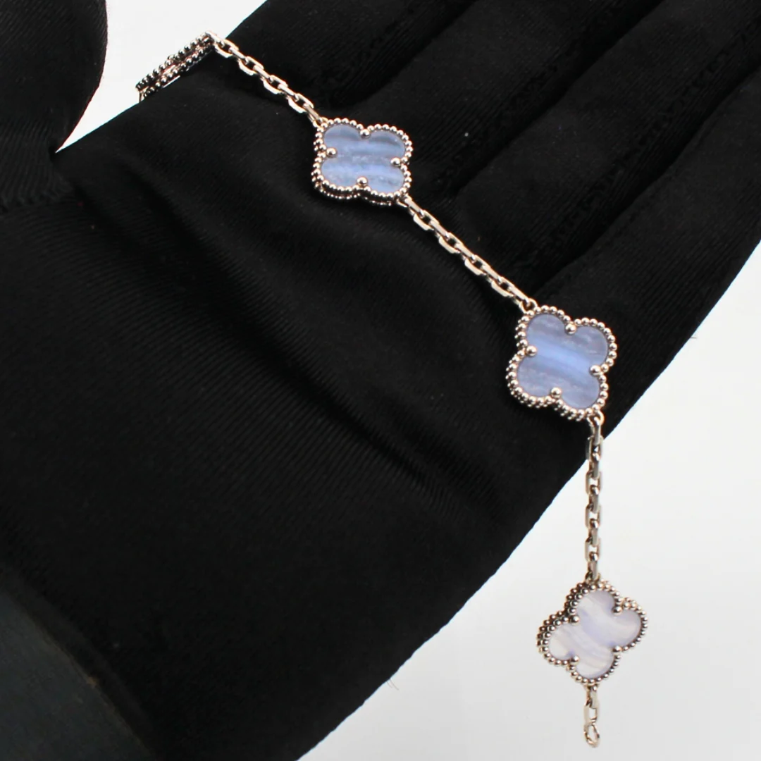 Van Cleef & Arpels Vintage Alhambra Bracelet 5 Motifs Chalcedony 18K White Gold - Image 6