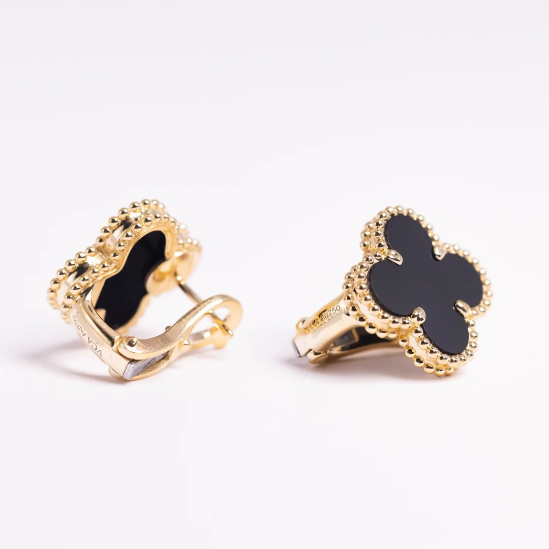 Van Cleef & Arpels Vintage Alhambra Earrings Onyx 18K Yellow Gold - Image 3