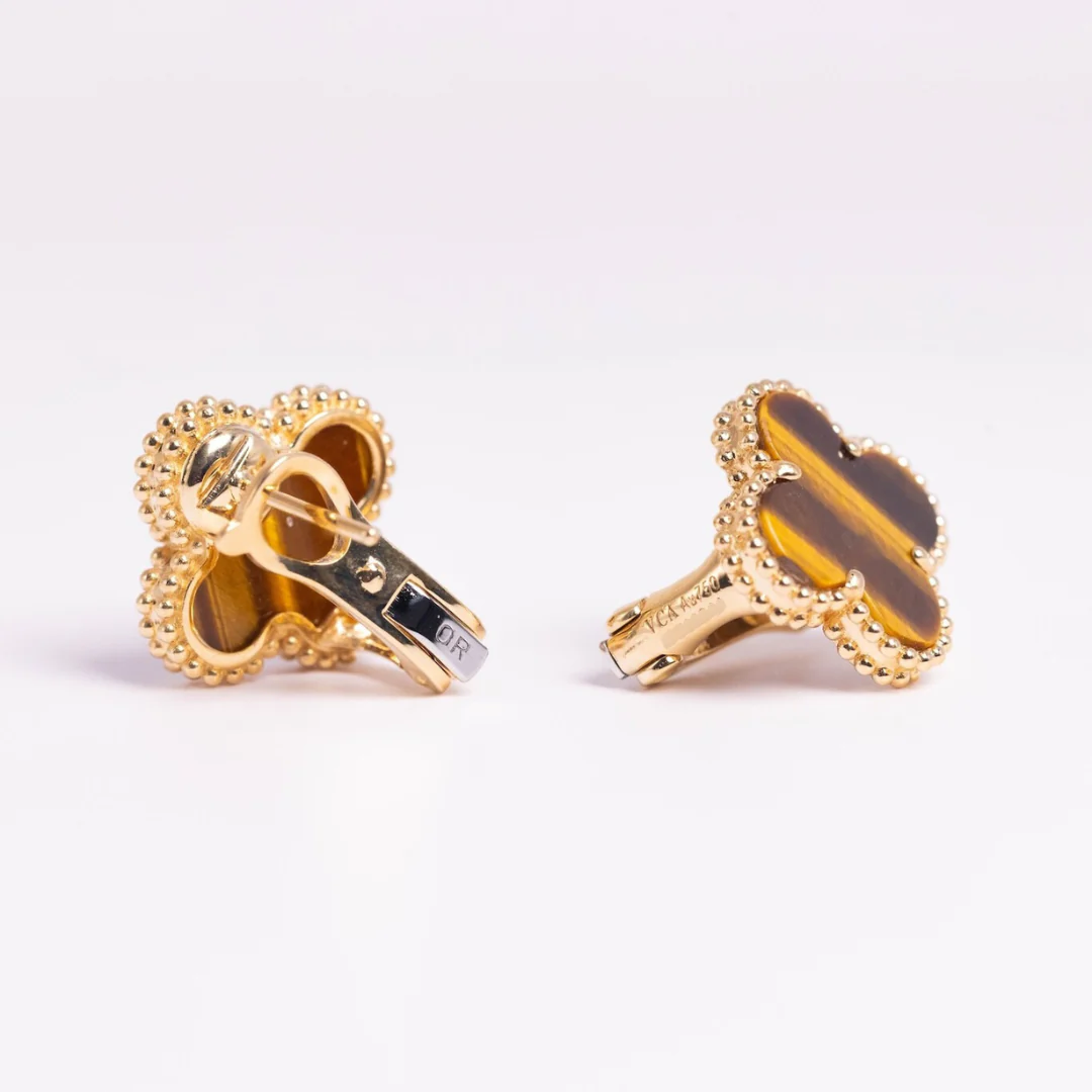Van Cleef & Arpels Vintage Alhambra Earrings Tiger Eye 18K Yellow Gold - Image 3