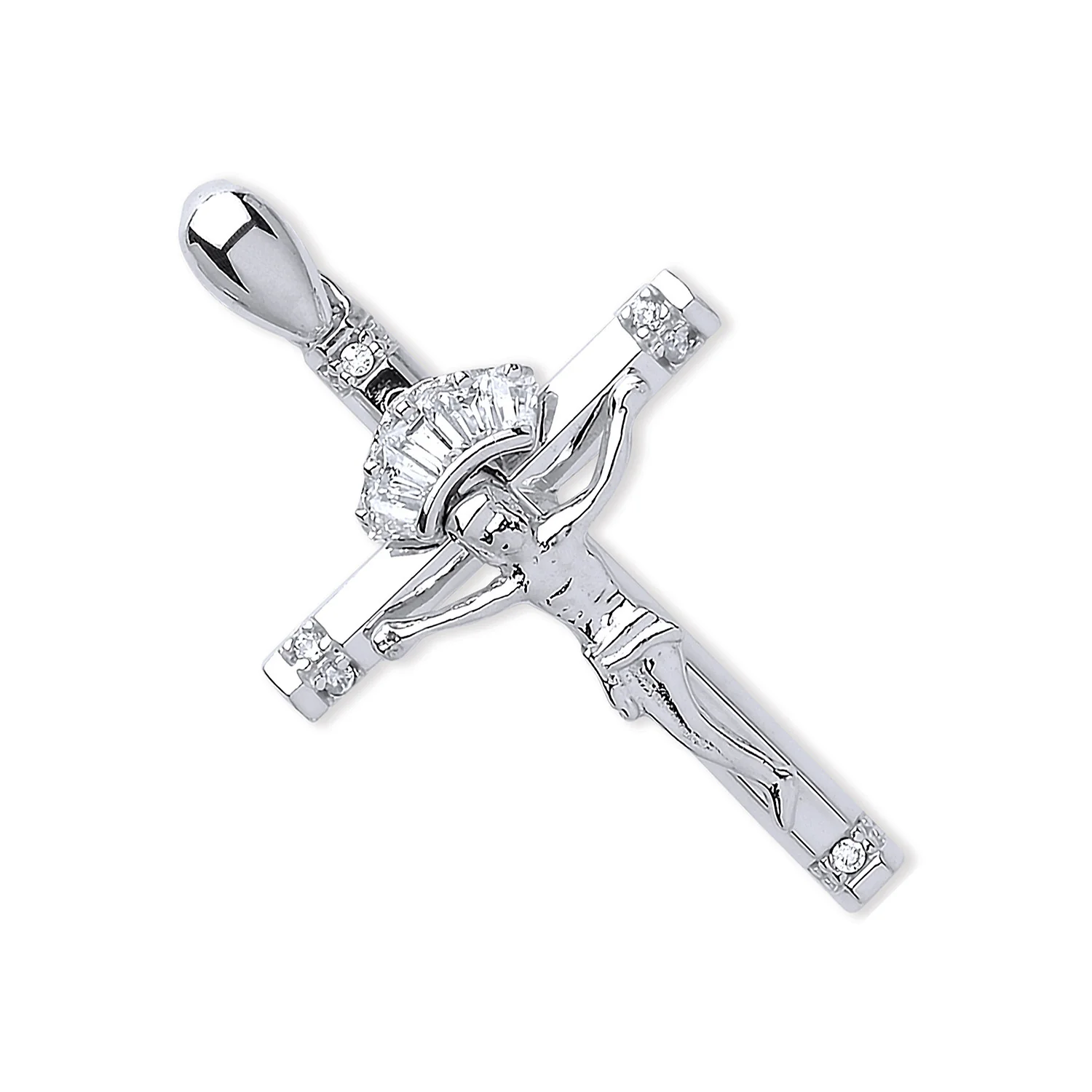 White Gold Cubic Zirconia Baguettes & Round Crucifix - 9ct Gold - Image 2