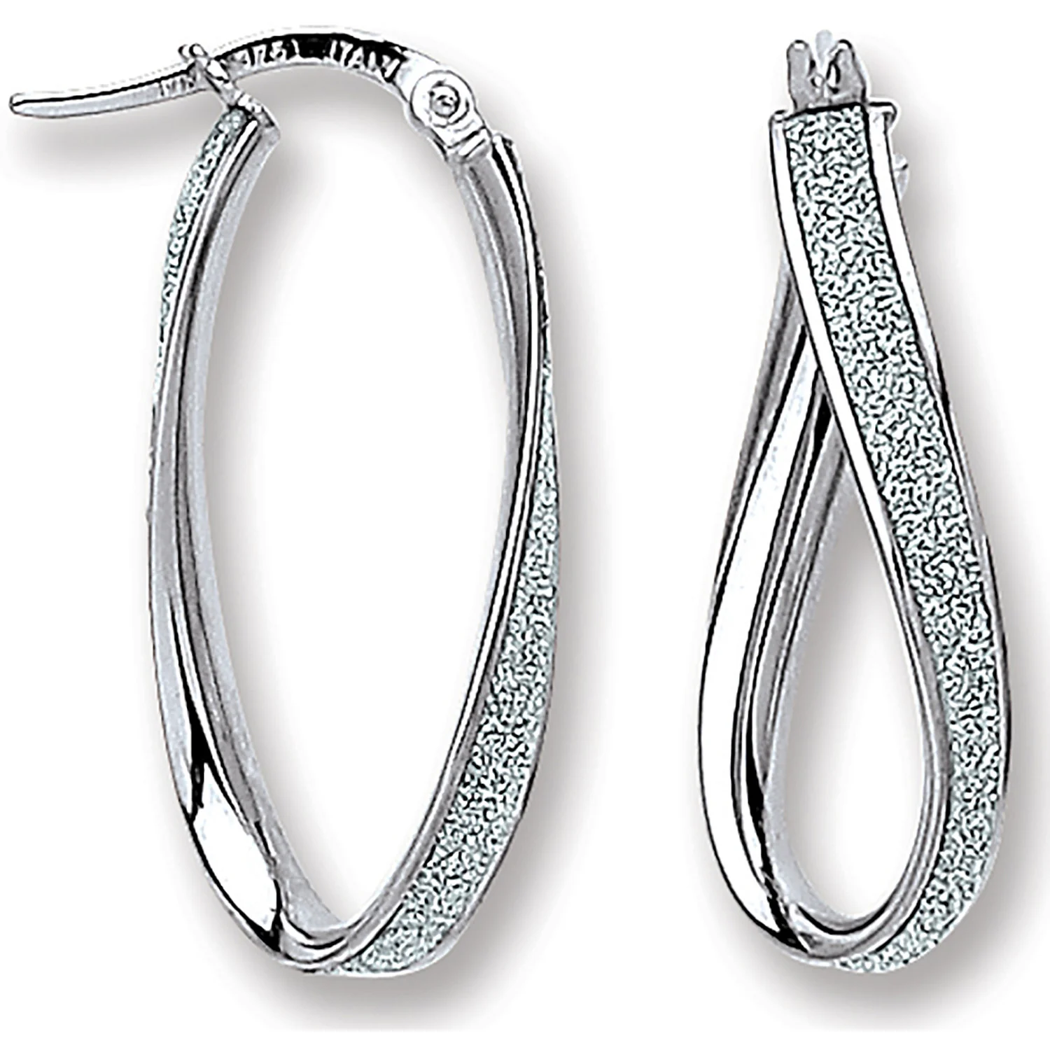 White Gold Glitter Oval Twist Hoop Earrings - 9ct Gold - Image 2