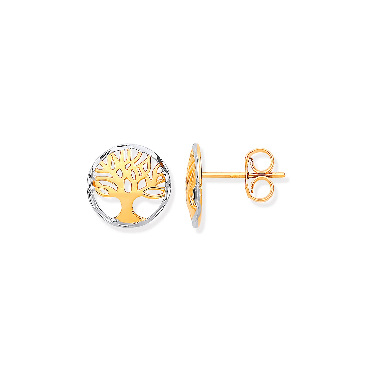 White & Yellow Gold 10mm Tree of Life Stud Earrings - 9ct Gold - Image 2